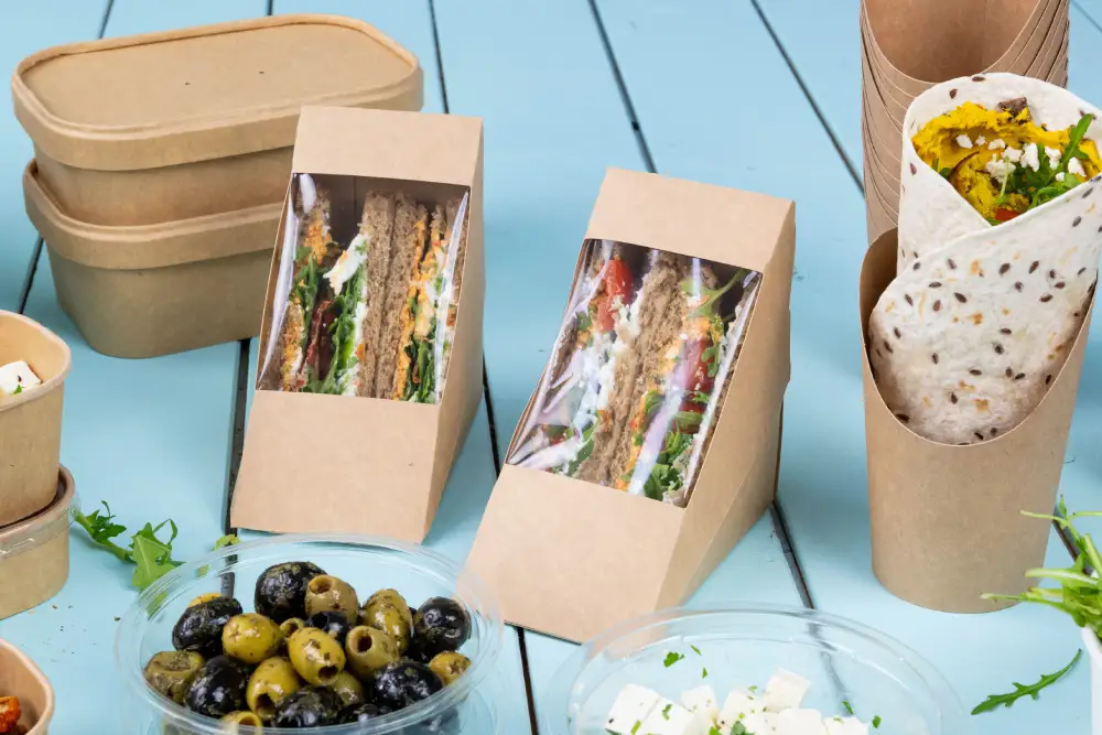 Zwei dreieckige Sandwichverpackungen mit sichtbaren Füllungen, ein eingewickeltes Fladenbrot und assorted Oliven auf einer blauen Oberfläche angeordnet.
