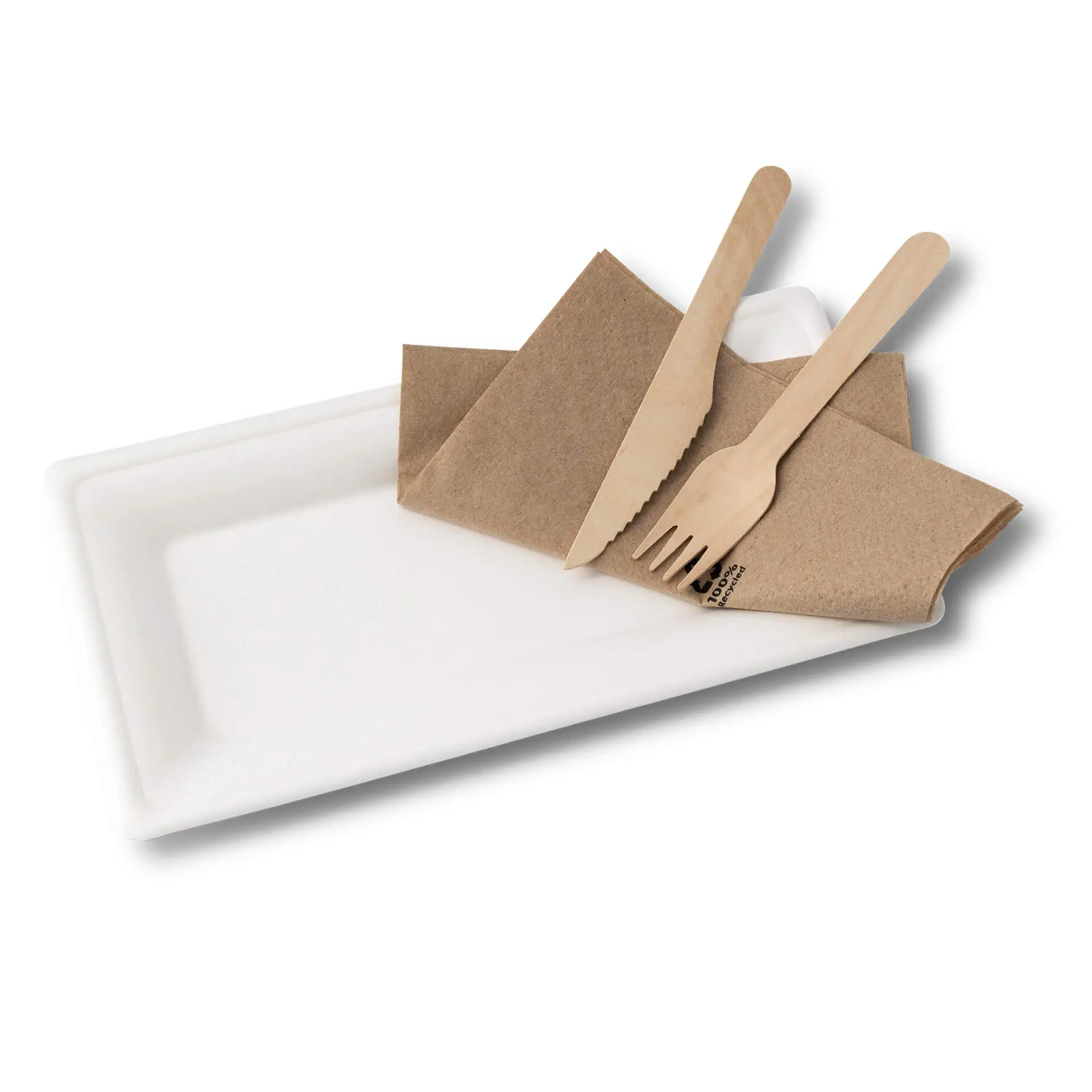 Rectangular sugarcane plate with two brown napkins and biodegradable wooden fork and knife.