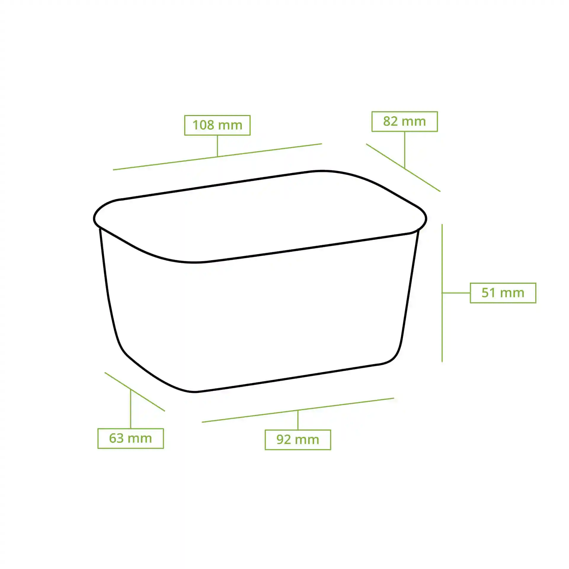 Schematic drawing of a rectangular food container with dimension lines indicating 107 mm length, 82 mm width, and 52 mm height.