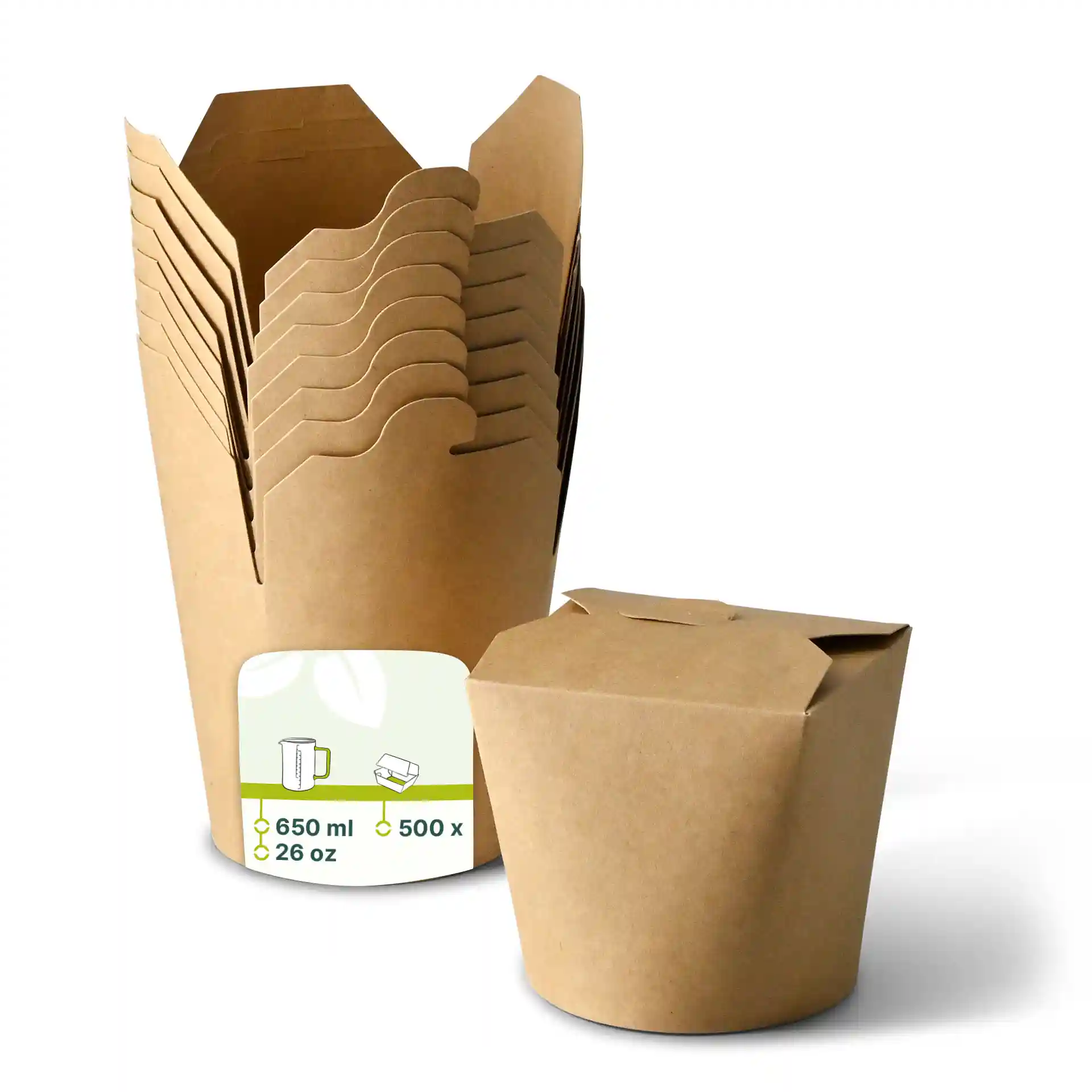 Braune Nudelbox aus beschichtetem Karton, 650 ml Fassungsvermögen, mit mehreren Boxen in einer größeren Box gestapelt.