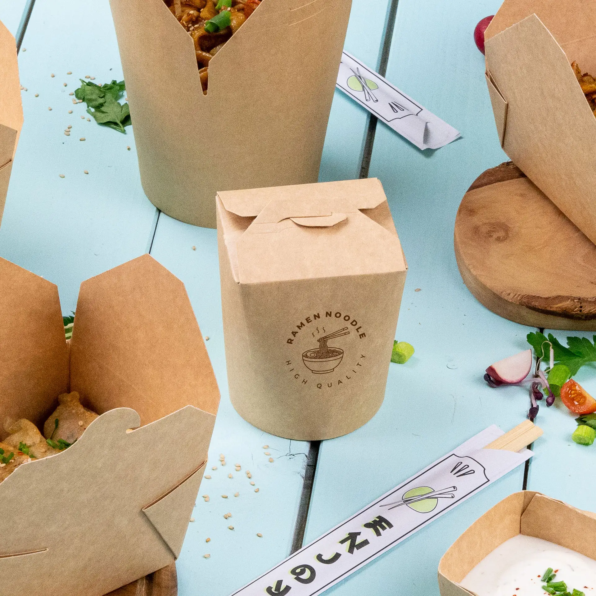 Nudelboxen bedruckt, 400 ml, braun, PE-beschichtet