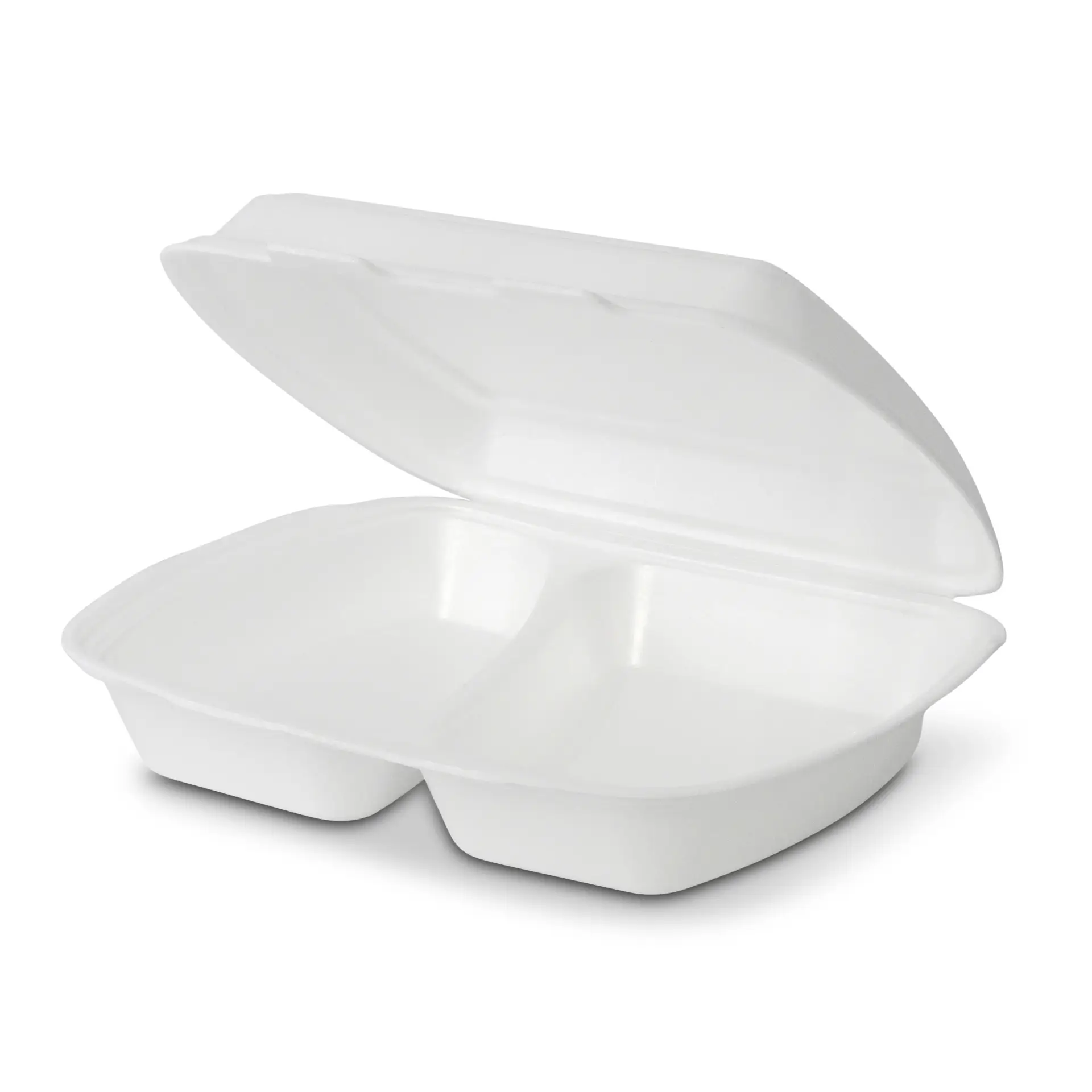 White divided takeout container with two sections and an open lid.