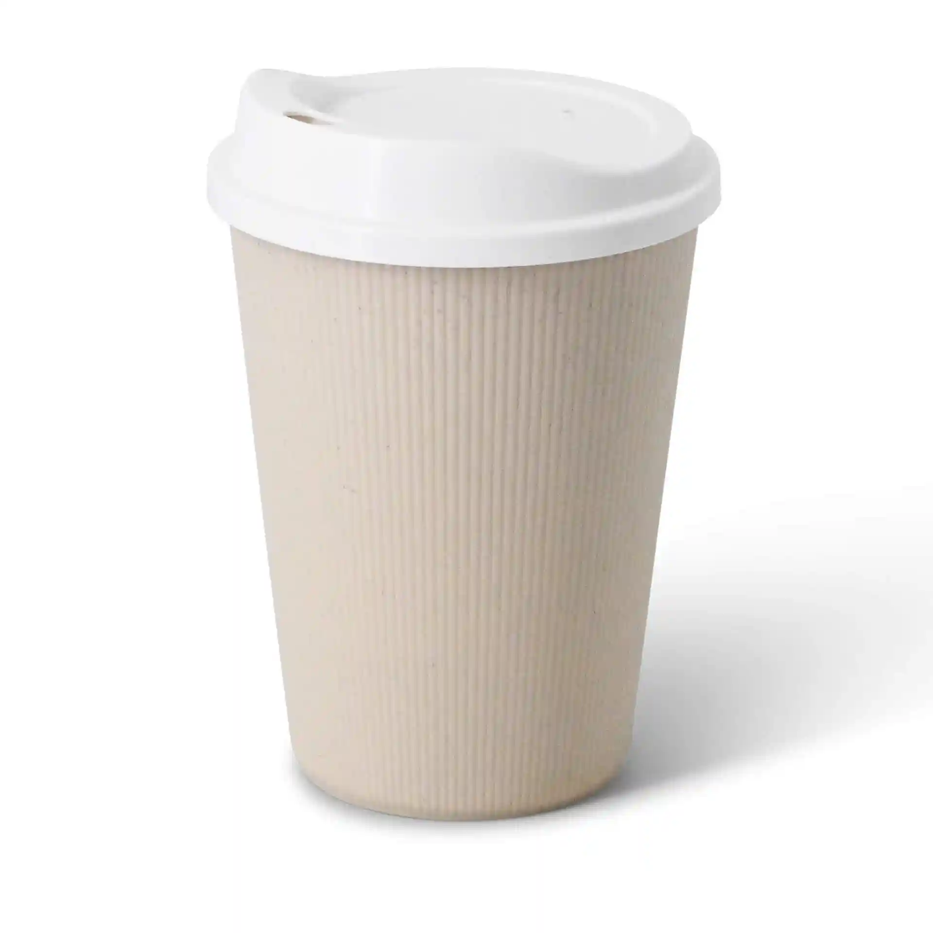 Cream white ribbed reusable cup with a white lid, 16 oz capacity, round shape, and no coating.