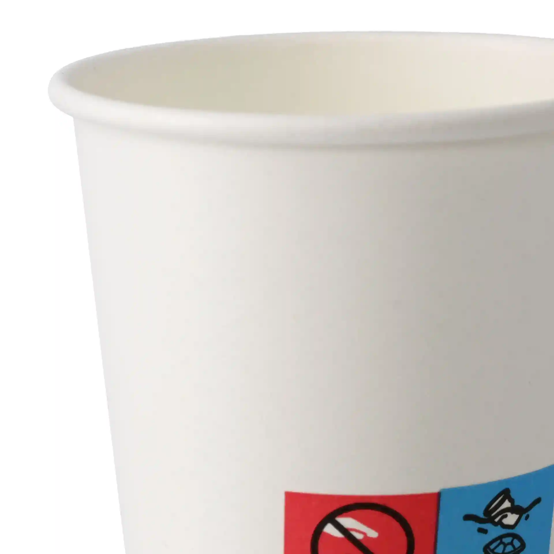White paper cup with a diameter of 62 mm, featuring a red and blue label with symbols.