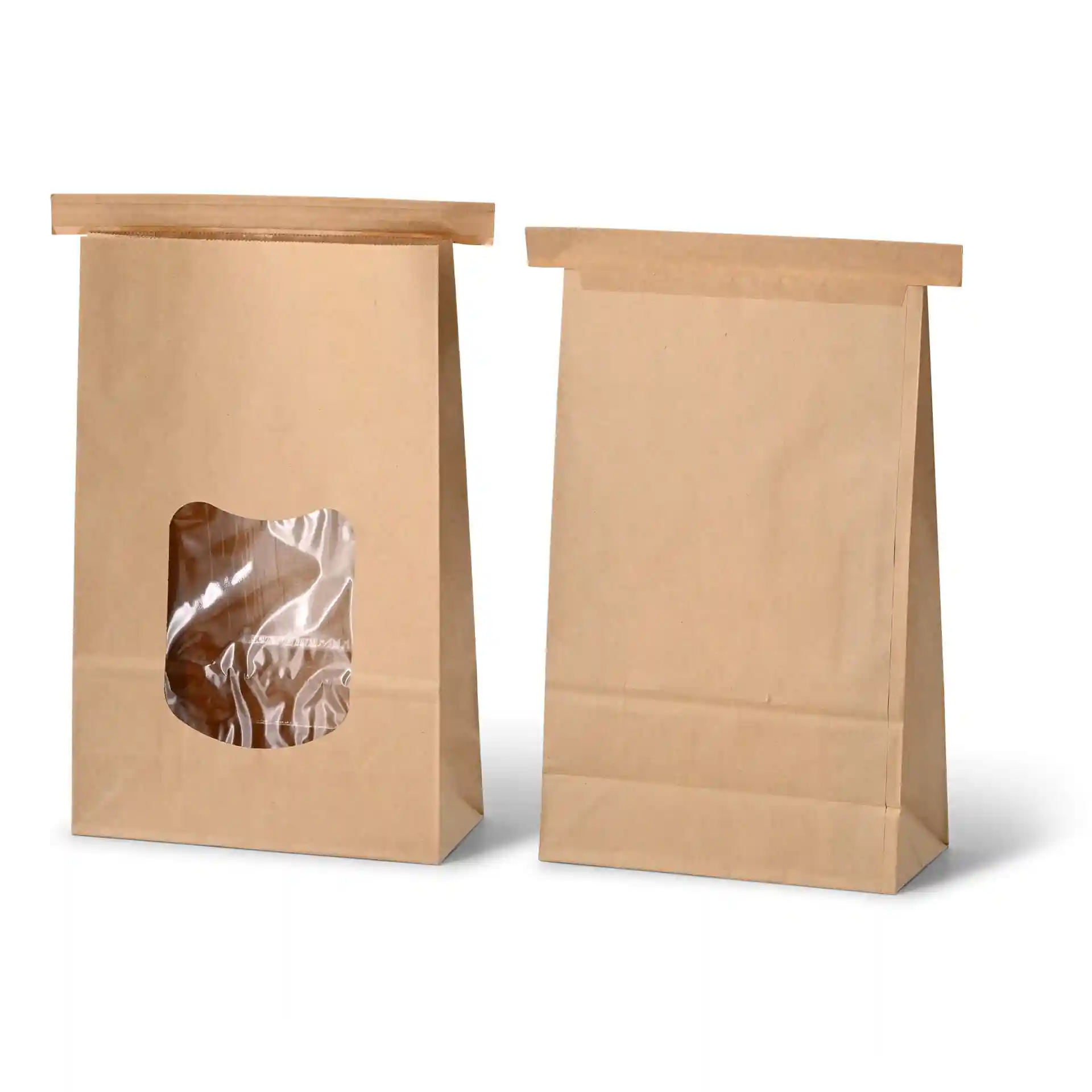 Brown block bottom bags with a transparent window, measuring 15.5 x 7 x 24 cm, with a tin tie closure.
