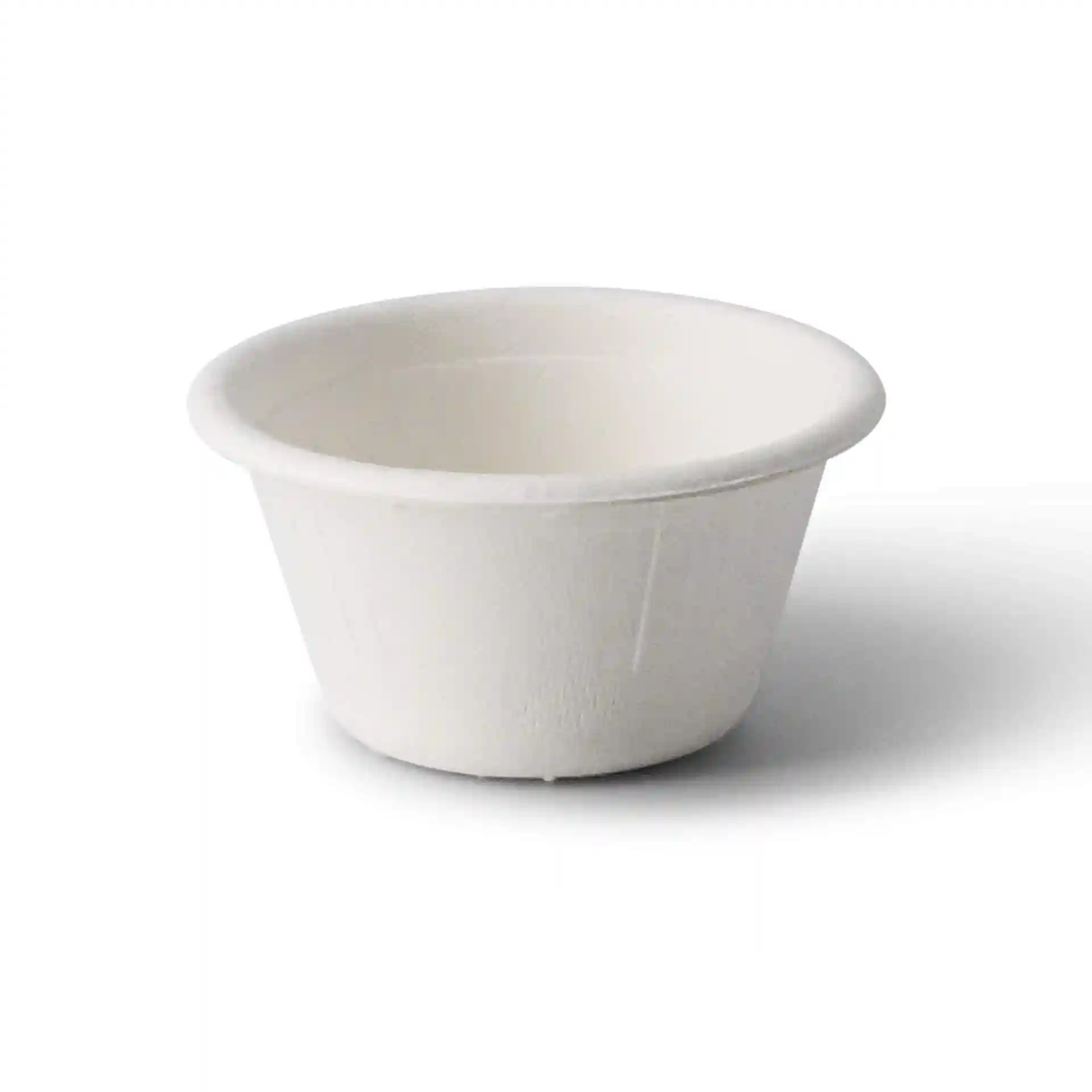 White bagasse dip bowl with a diameter of 62 mm and height of 32 mm, made from sugar cane material.