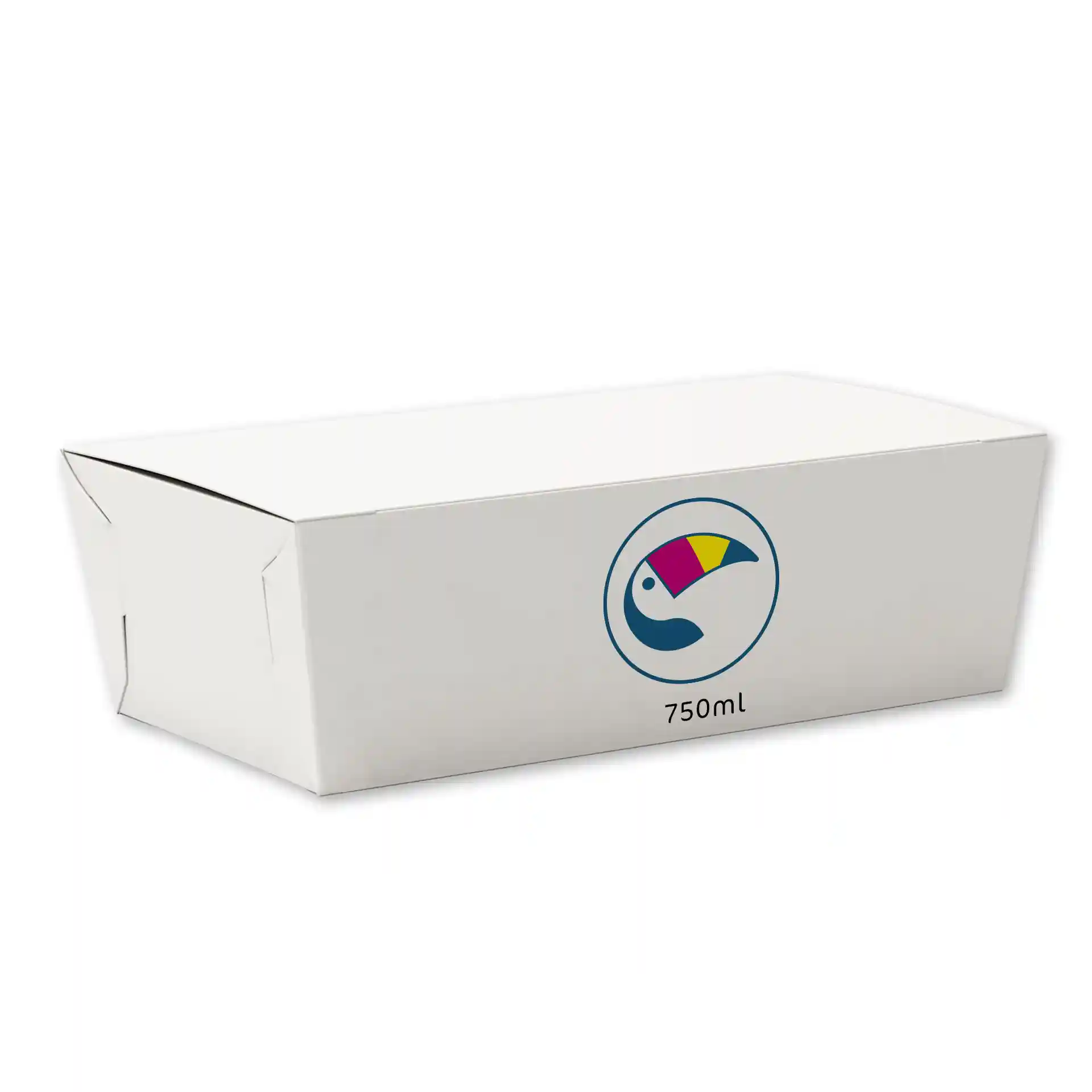 Weiße Snackbox mit Logo und Kapazitätsangabe von 750 ml, Maße 188 mm Länge, 104 mm Breite und 47 mm Höhe.