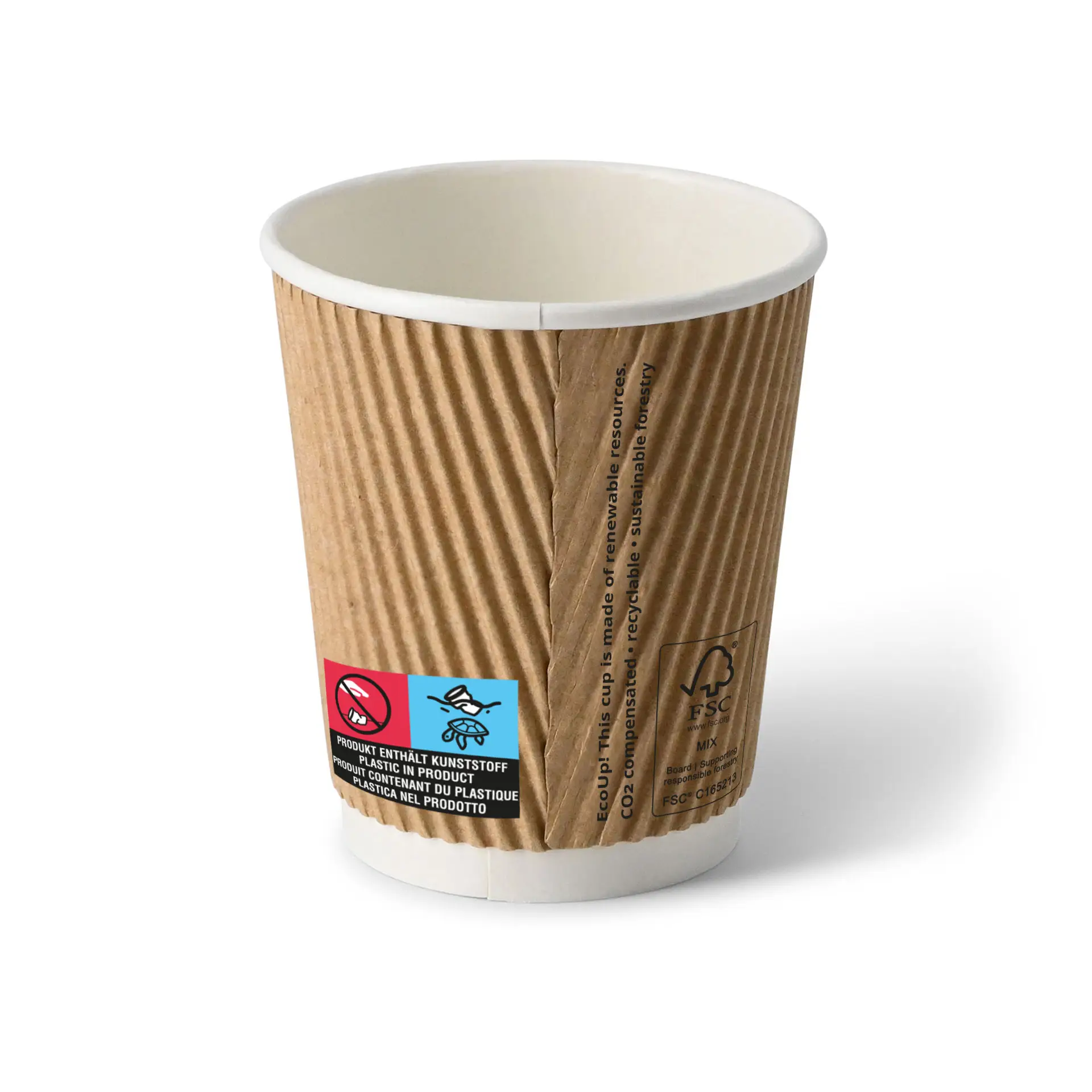 8 oz Take away coffee cups (coated) / Ripple cups, Ø 80 mm, brown, inner white con10024-01-0-riffelbecher-beschichtet-coffee-to-go-becher-200-ml-8-oz-80-mm-braun-innen-weiss-2