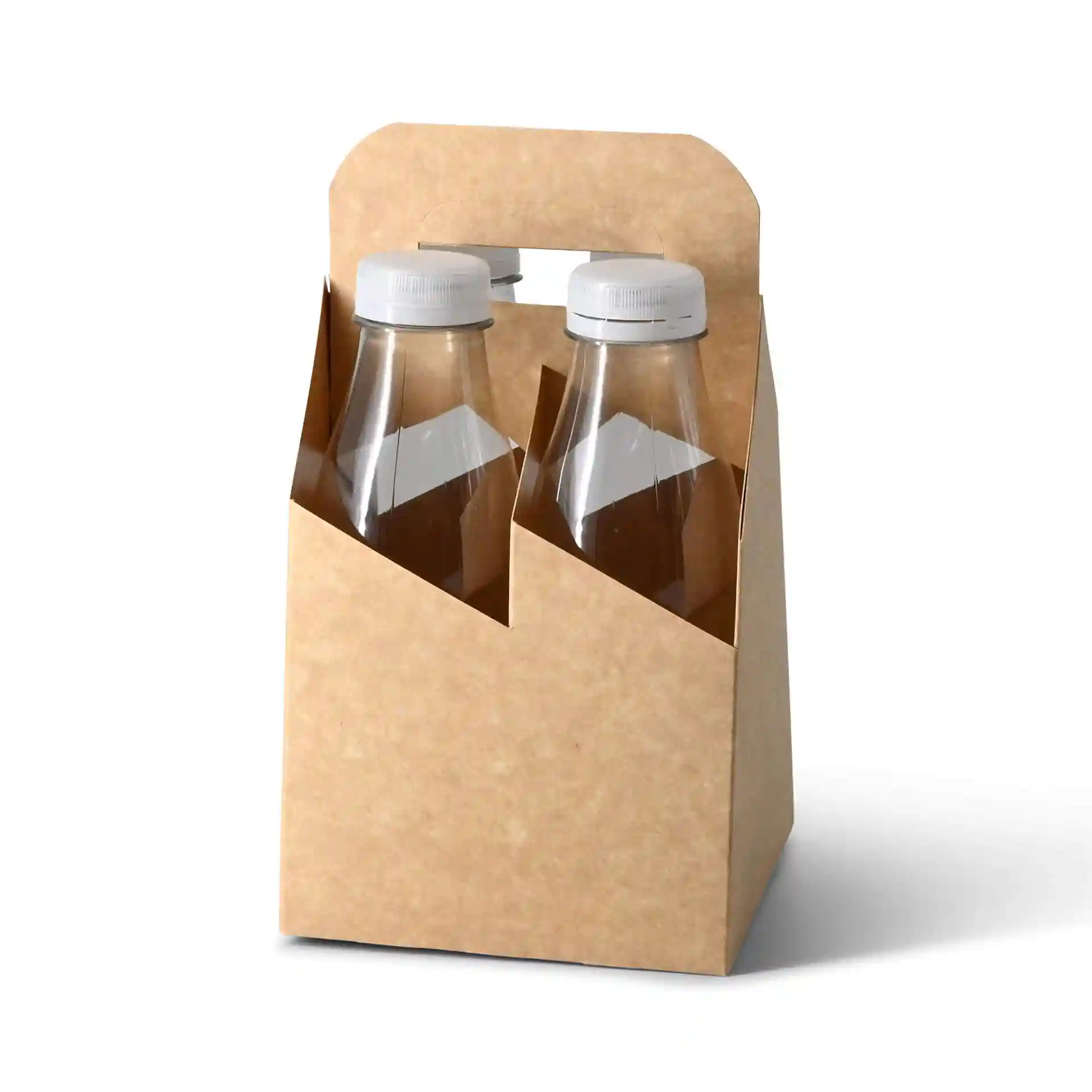 Pappträger mit zwei klaren rPET-Flaschen mit weißen Deckeln, jeweils für 500 ml ausgelegt.