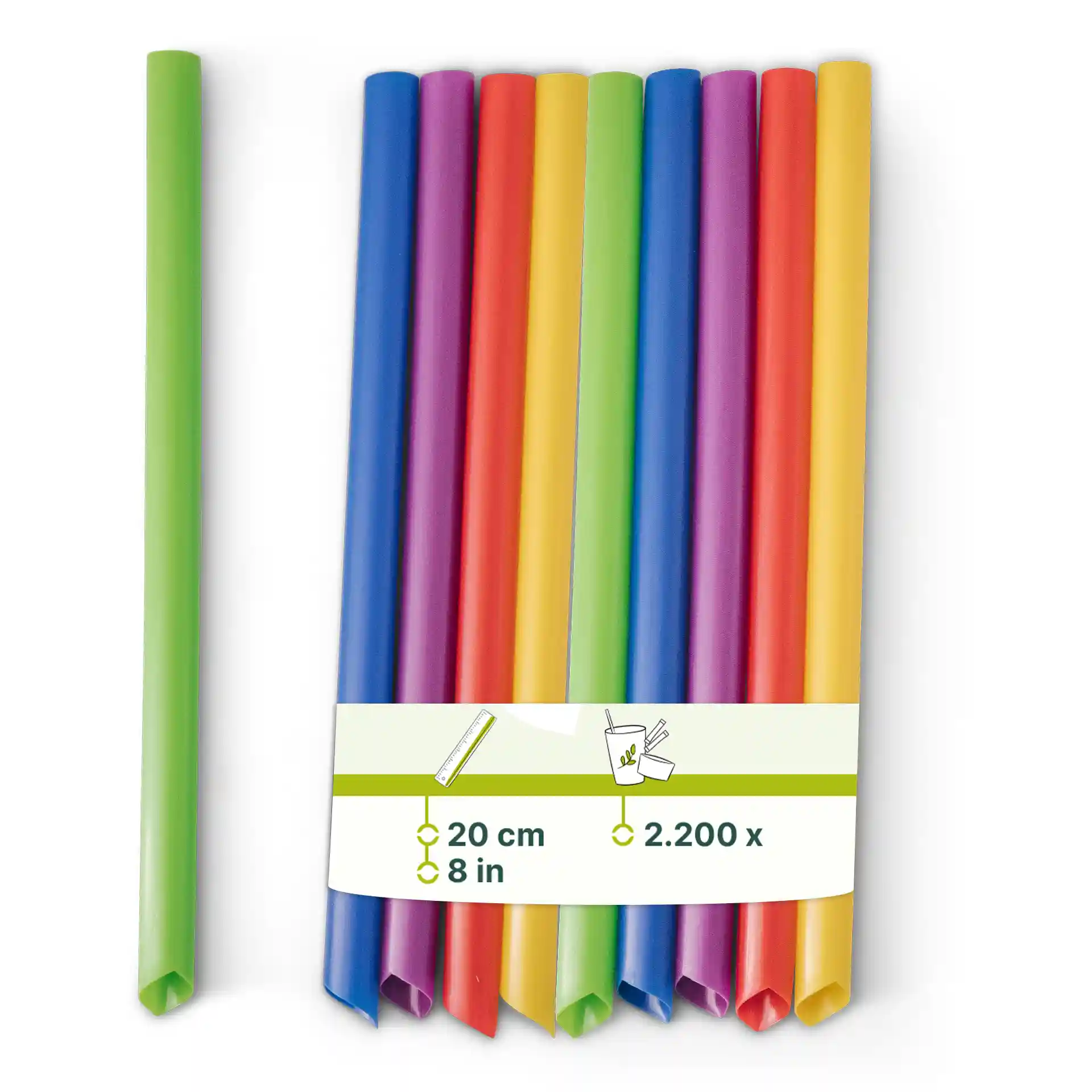 Colorful reusable bubble tea straws, 20 cm long and 1.2 cm in diameter, arranged on a white background.