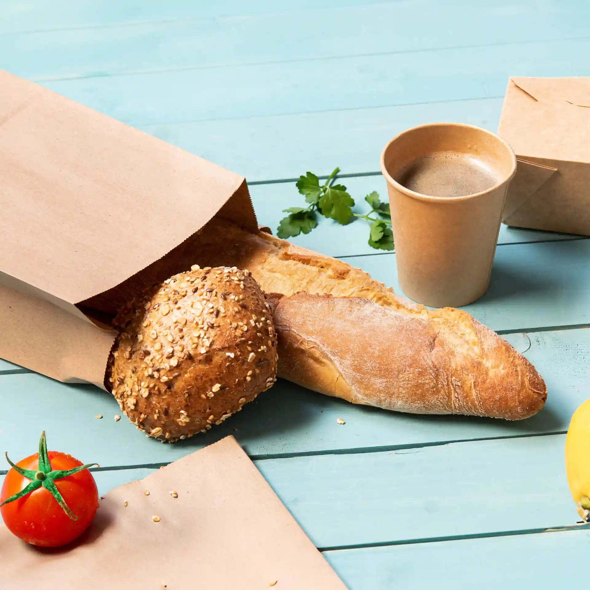 Braune Kraftpapiertüte mit einem Laib Brot, einem Sesambrötchen, einem Becher, einer Tomate und einem Zweig Koriander auf blauer Oberfläche.