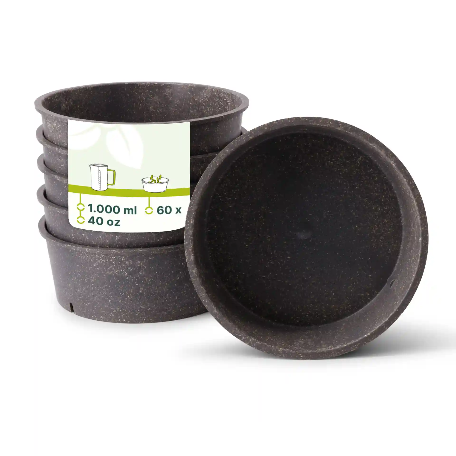 Set aus fünf grauen wiederverwendbaren Schalen, Durchmesser 184 mm, Volumen 1.000 ml.