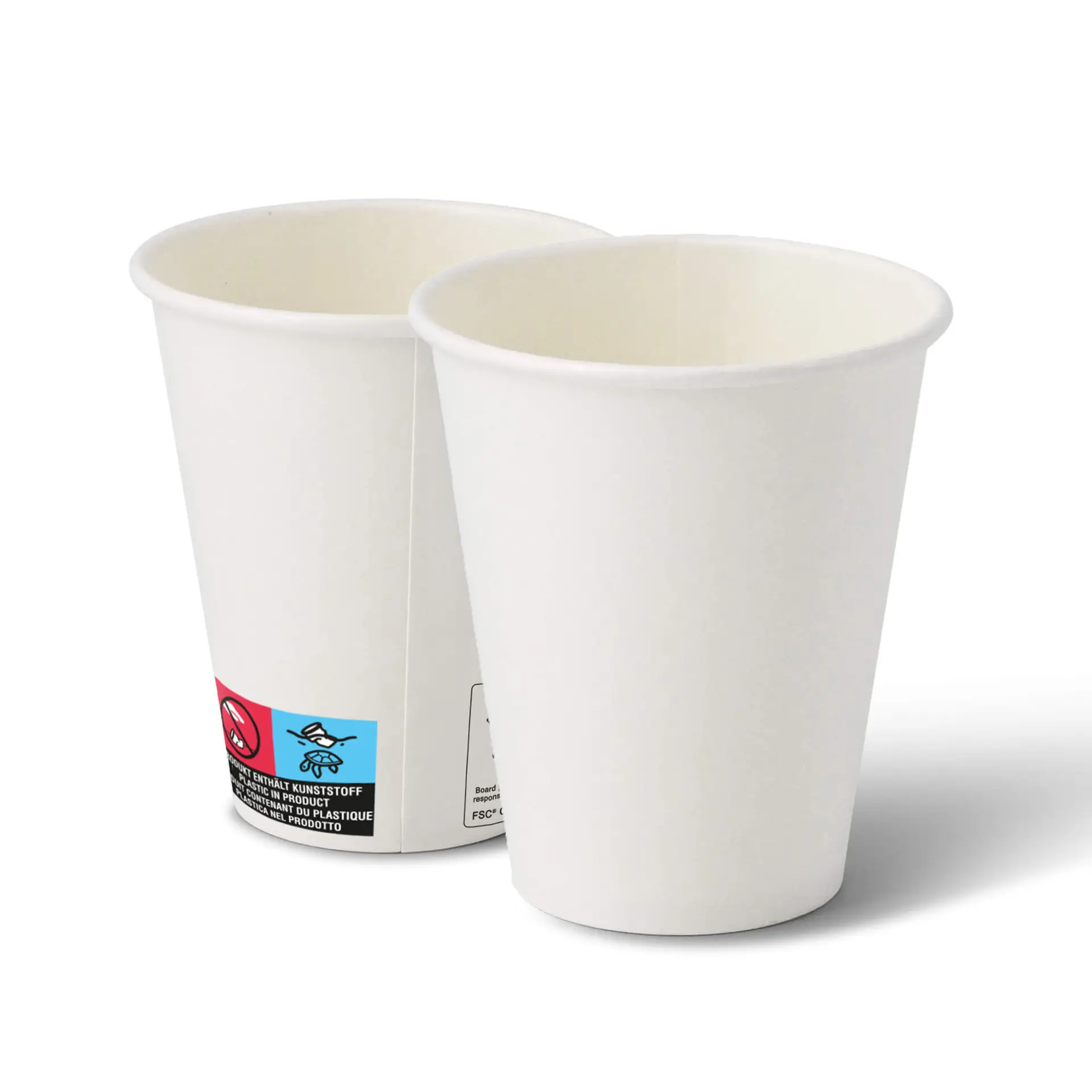 Zwei weiße 10 oz Pappbecher mit klassischem Design; mit PE-Beschichtung für verschiedene Getränke geeignet.