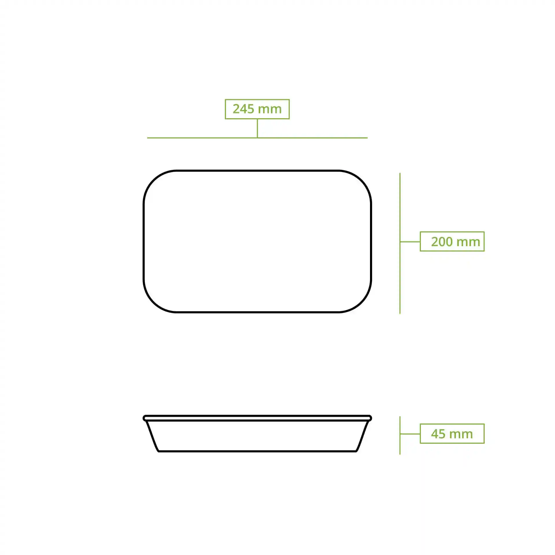Schematic drawing of a rectangular container with dimensions 245 mm by 200 mm and height of 45 mm.