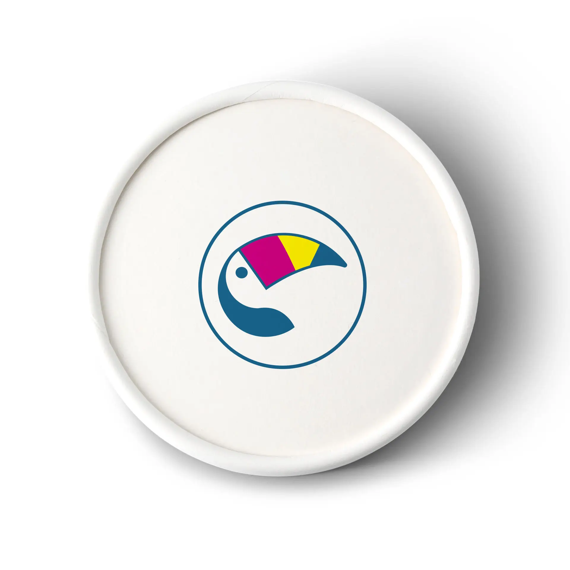 Custom printed white lid for ice cream cups featuring a colorful toucan logo design. Suitable for various food types.