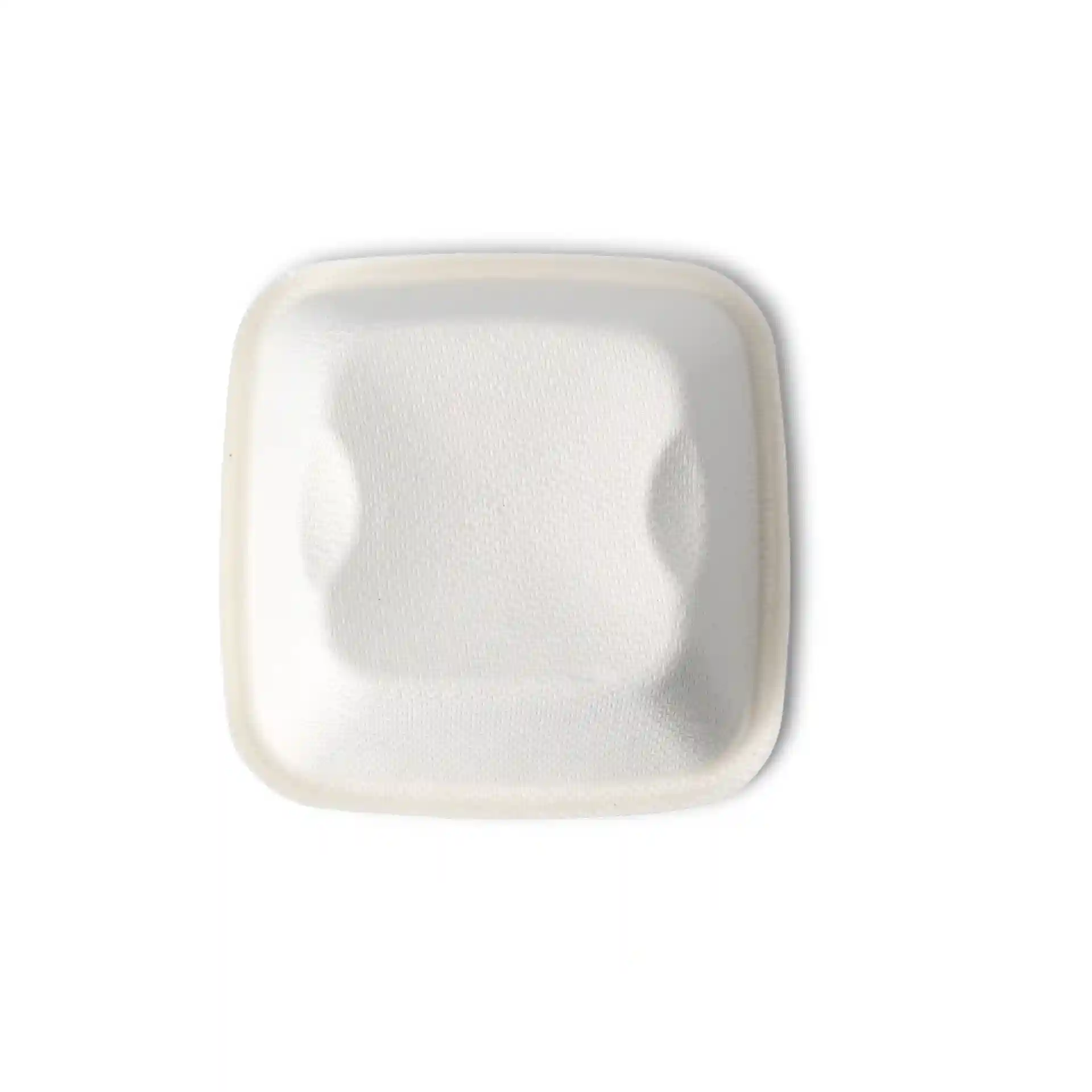 Square white bagasse portion cup, 70 ml, measuring 81 x 81 x 27 mm, with a textured surface.