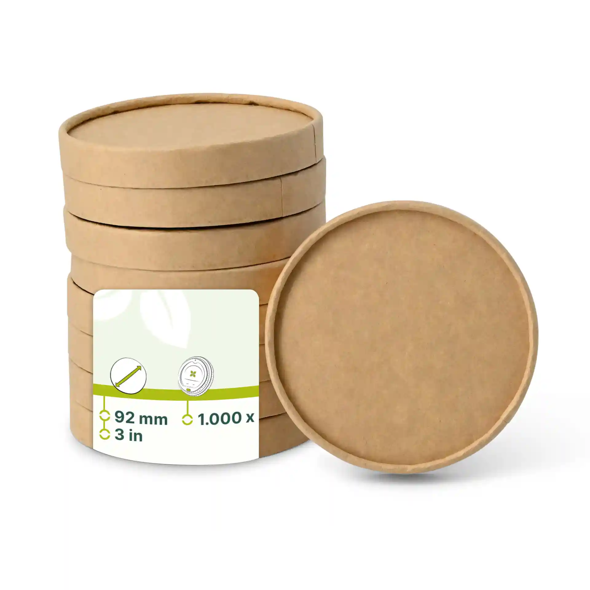Braune Kartondeckel, runde Form, Durchmesser 92 mm, mit einem Etikett, das Produktdetails zeigt.