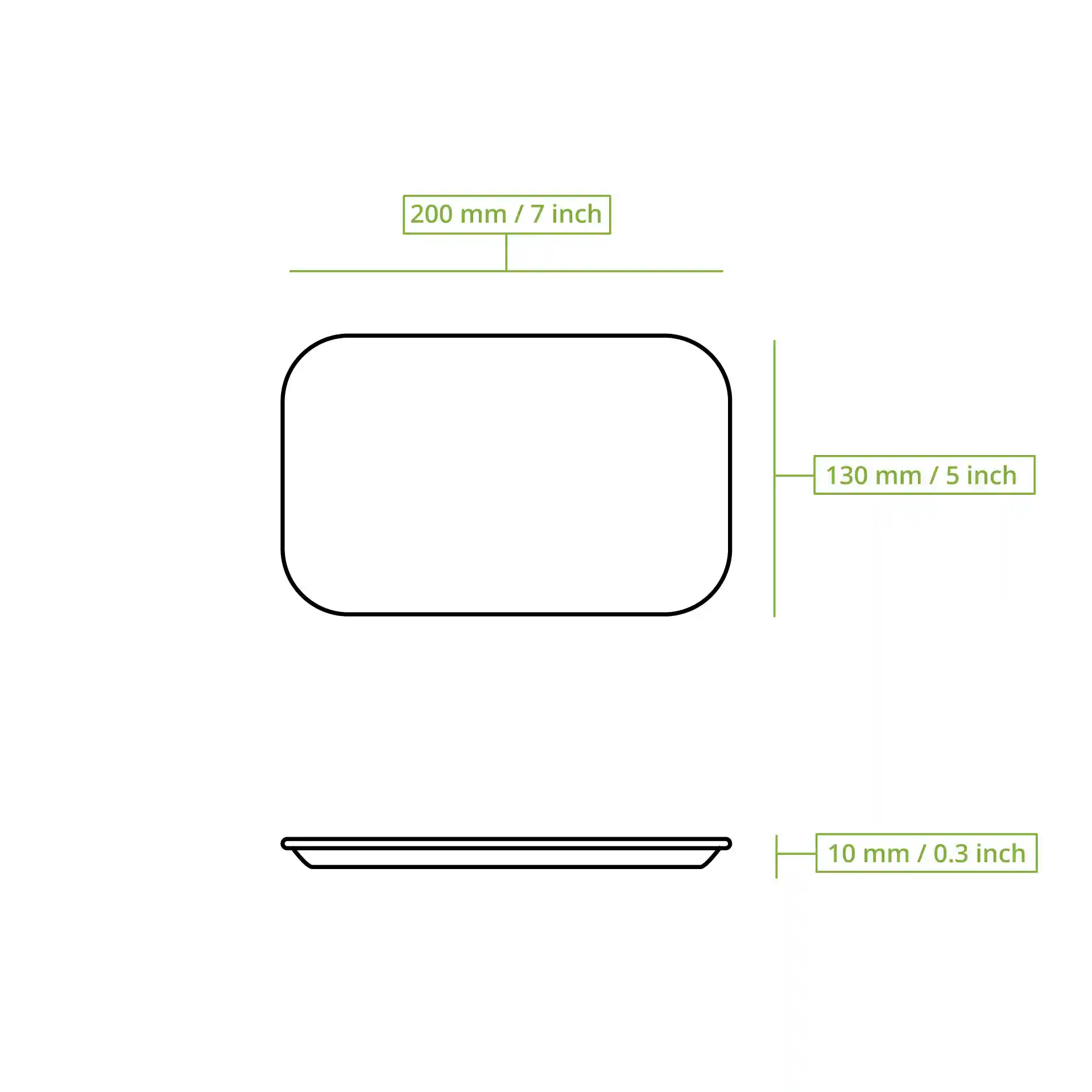 Schematische Zeichnung einer rechteckigen Pappe mit den Abmessungen 203 mm x 128 mm und einer Höhe von 10 mm.