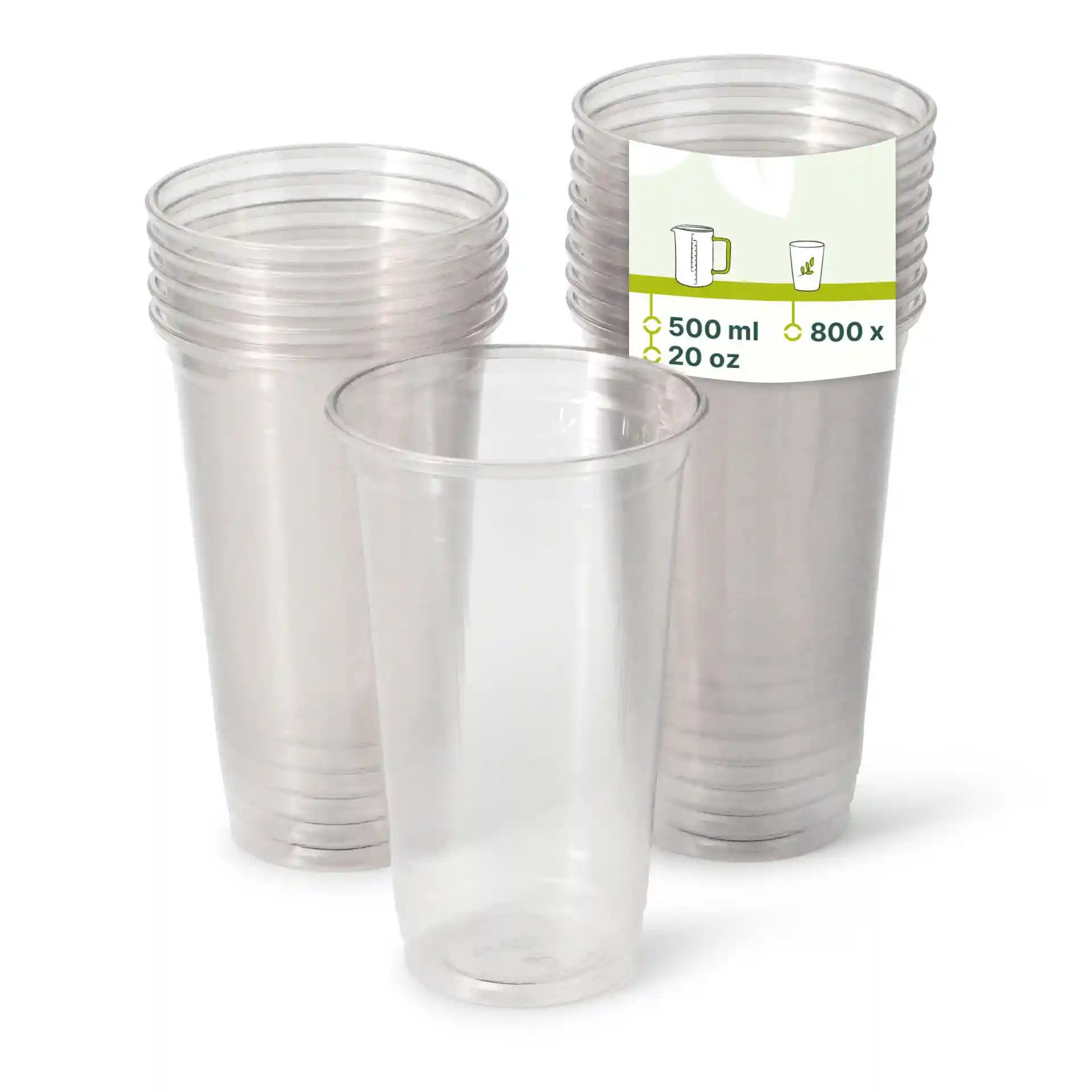 Transparent rPET cups stacked with one upright, showing a label with volume details.