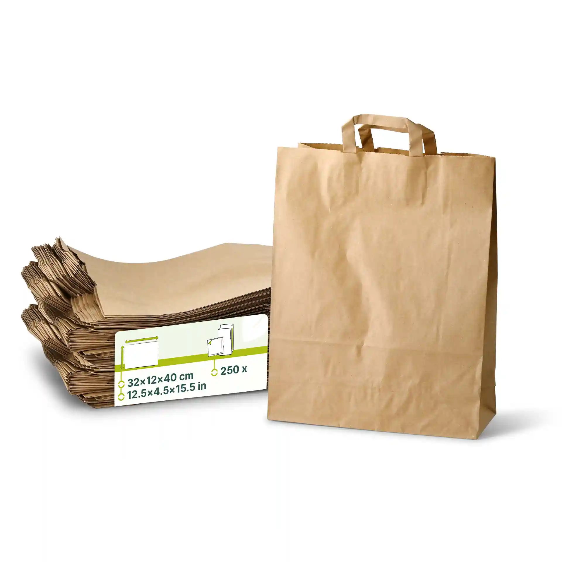 Brown kraft paper carrier bag with handles, dimensions 32 x 12 x 40 cm, alongside a stack of similar bags.