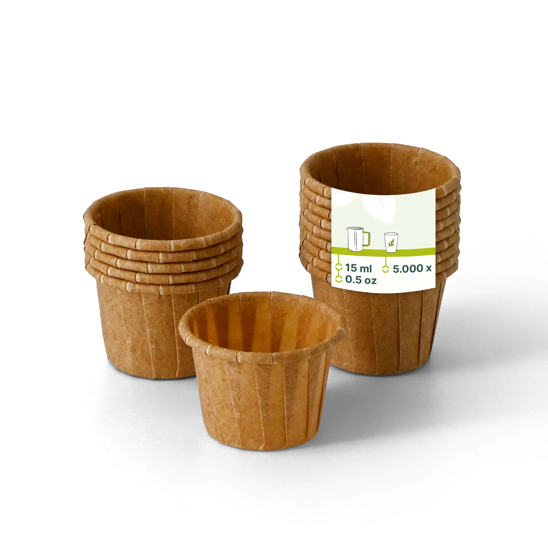 Brown paper cups, 15 ml capacity, ideal for dips, sauces, and small food portions, with a label providing details.