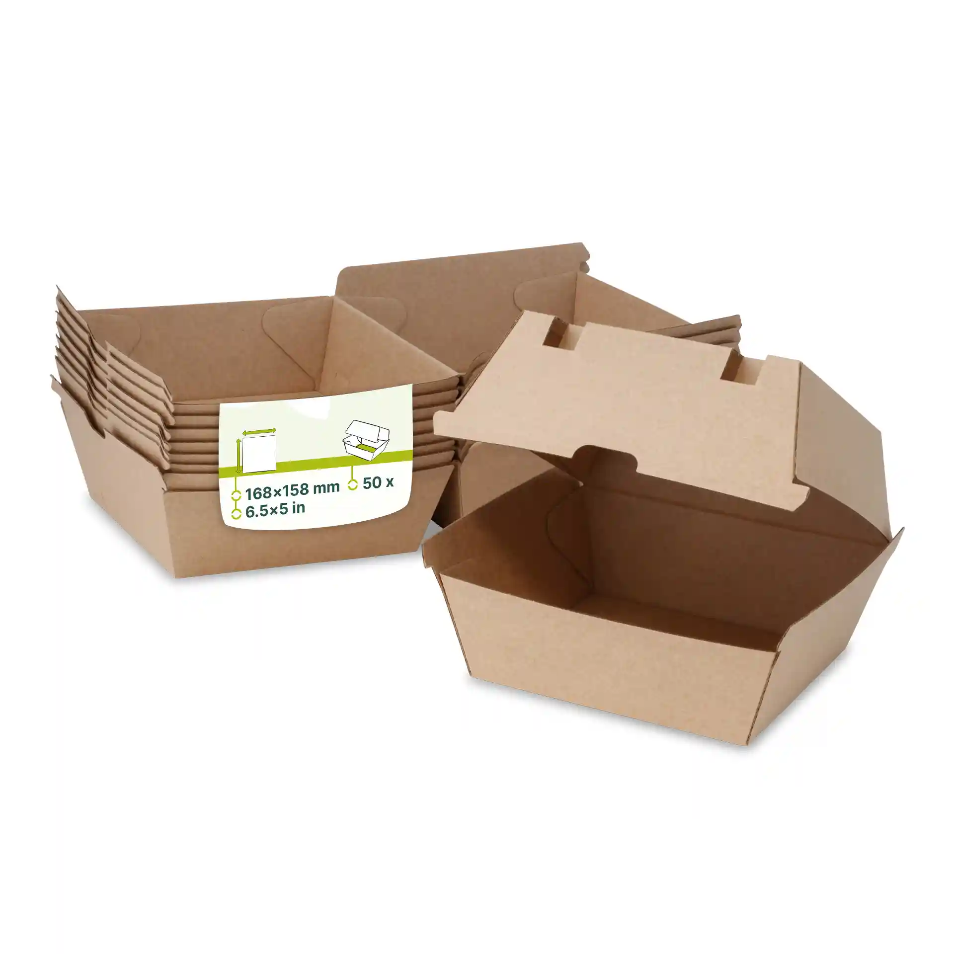 Braune Pappburgerboxen gestapelt, eine offen, zeigt rechteckige Form und Maße von 168 x 158 mm.