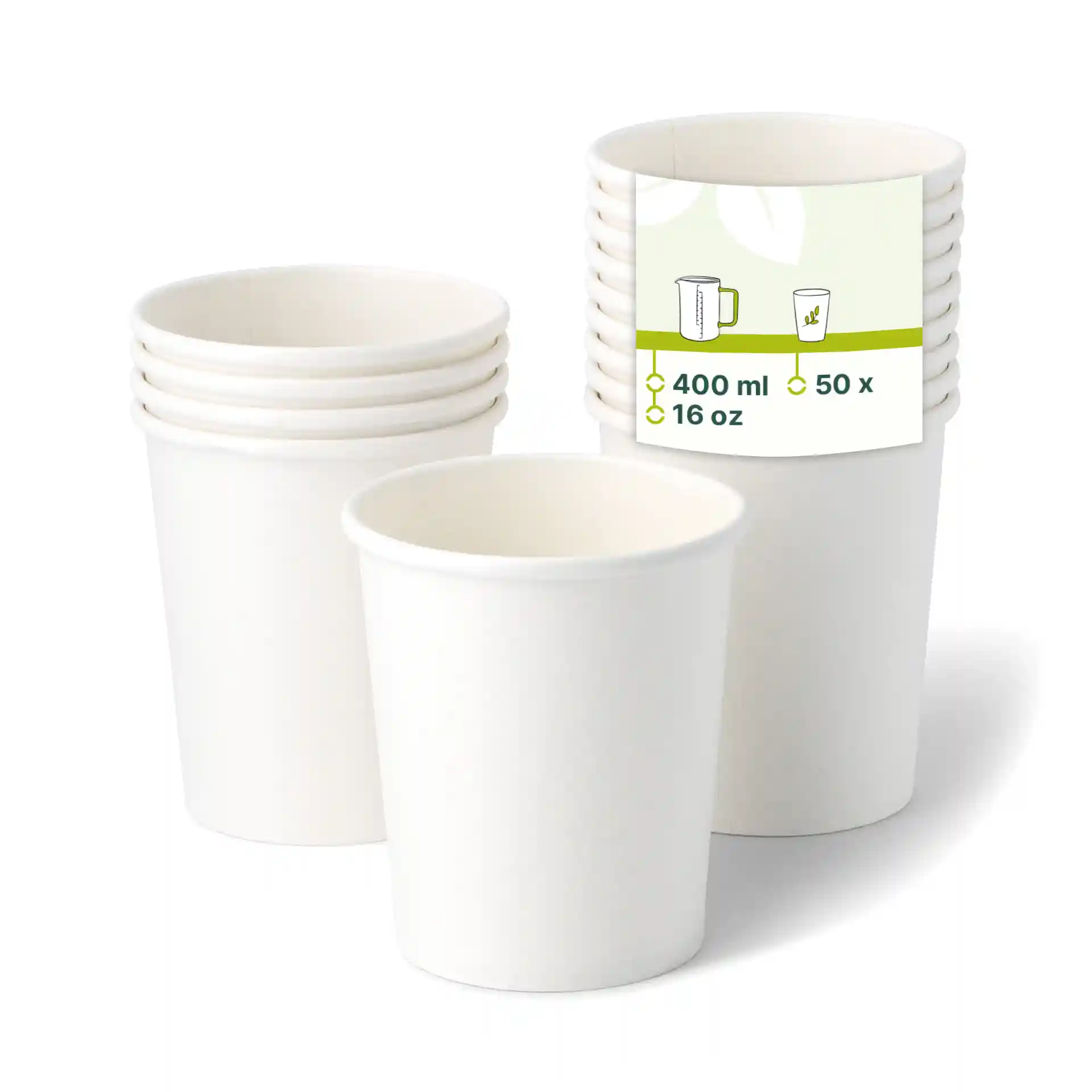 Stapel weißer Pappbecher für Eis mit einem Etikett, das eine Kapazität von 400 ml und 50 Becher zeigt.