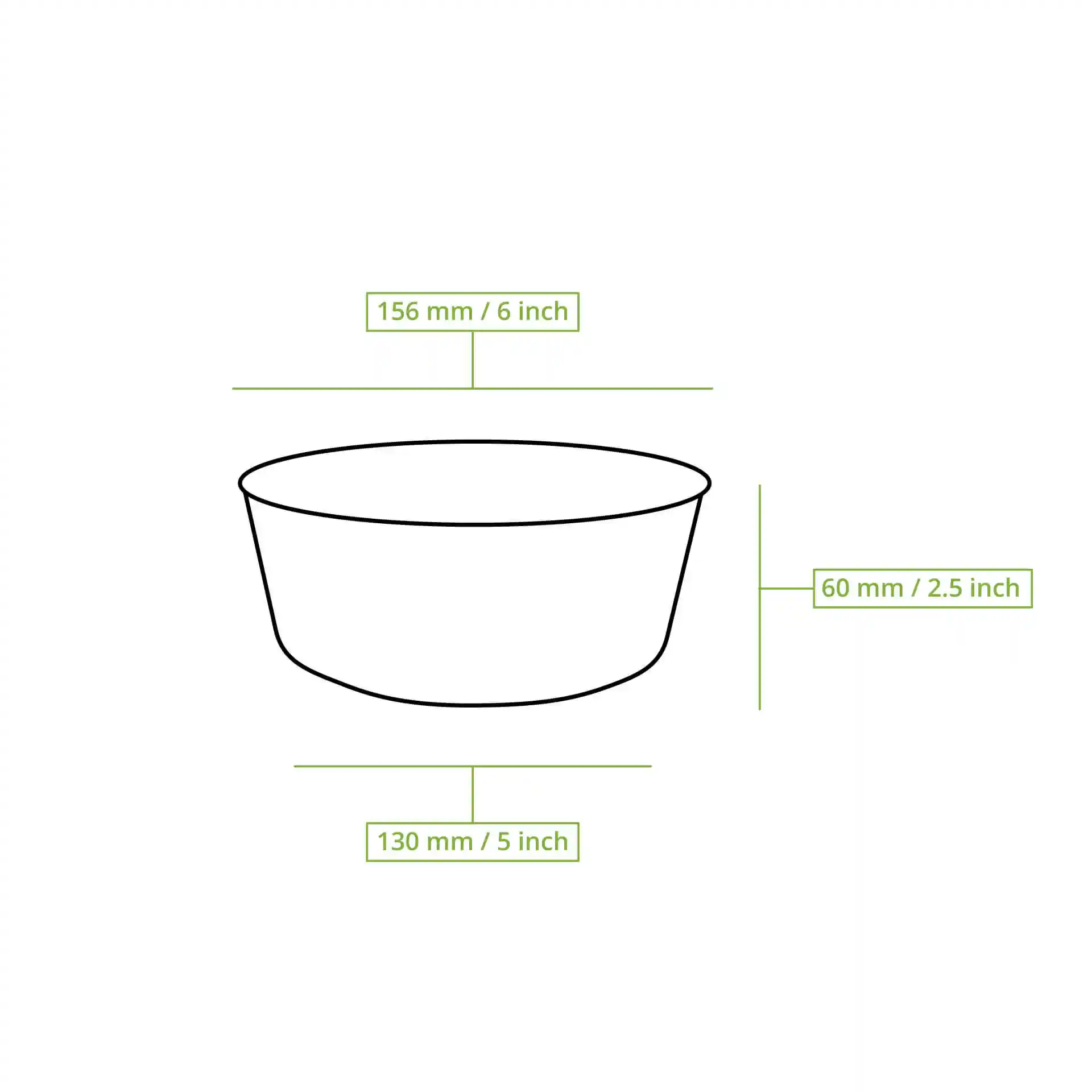 Schematic drawing of a round bowl with dimensions: 156 mm top diameter, 130 mm bottom diameter, and 60 mm height.