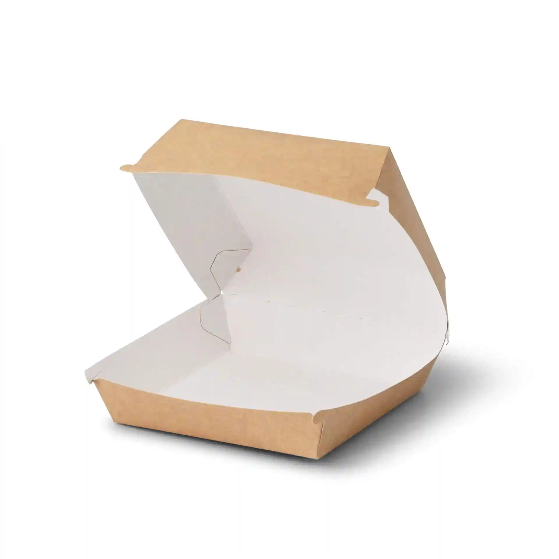 Braune Papp-Takeaway-Burgerbox in quadratischer Form, offen und zeigt das Innere. Maße: 14,5 x 14,5 x 8 cm.