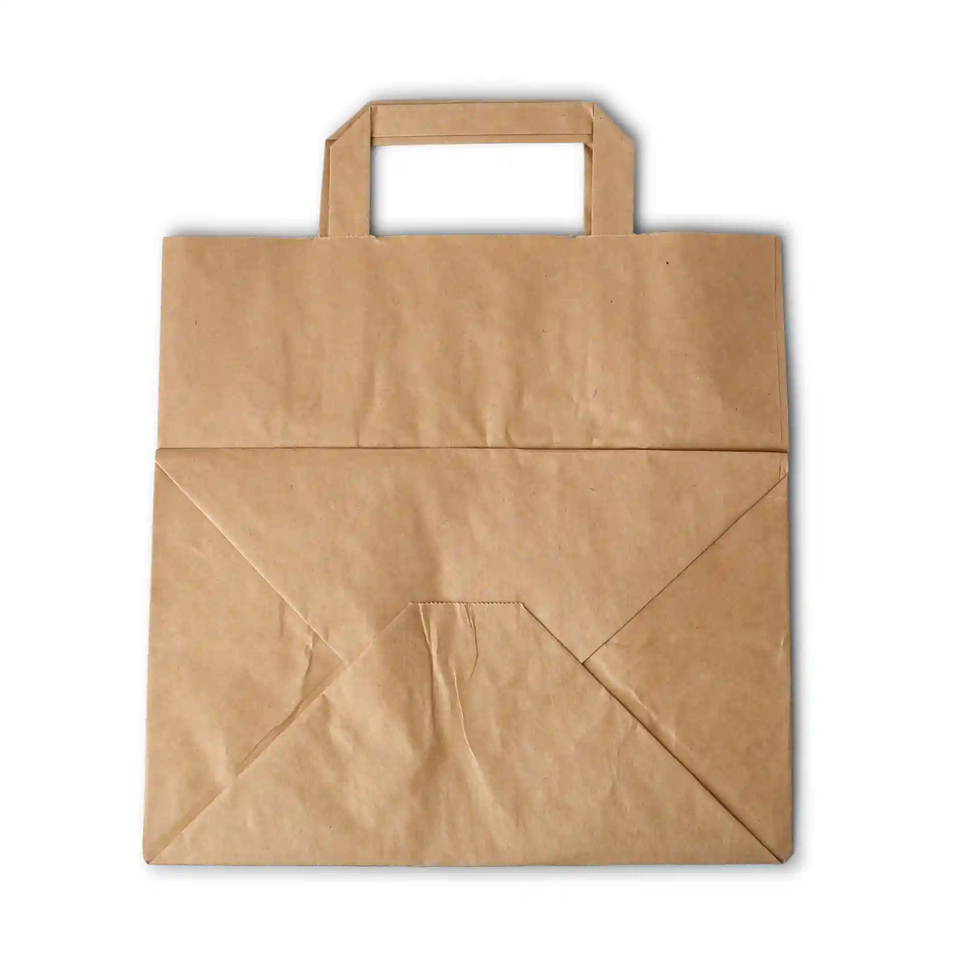 Braune Kraftpapier-Tragetasche in rechteckiger Form mit zwei oberen Griffen, 26 x 17 x 25 cm groß.