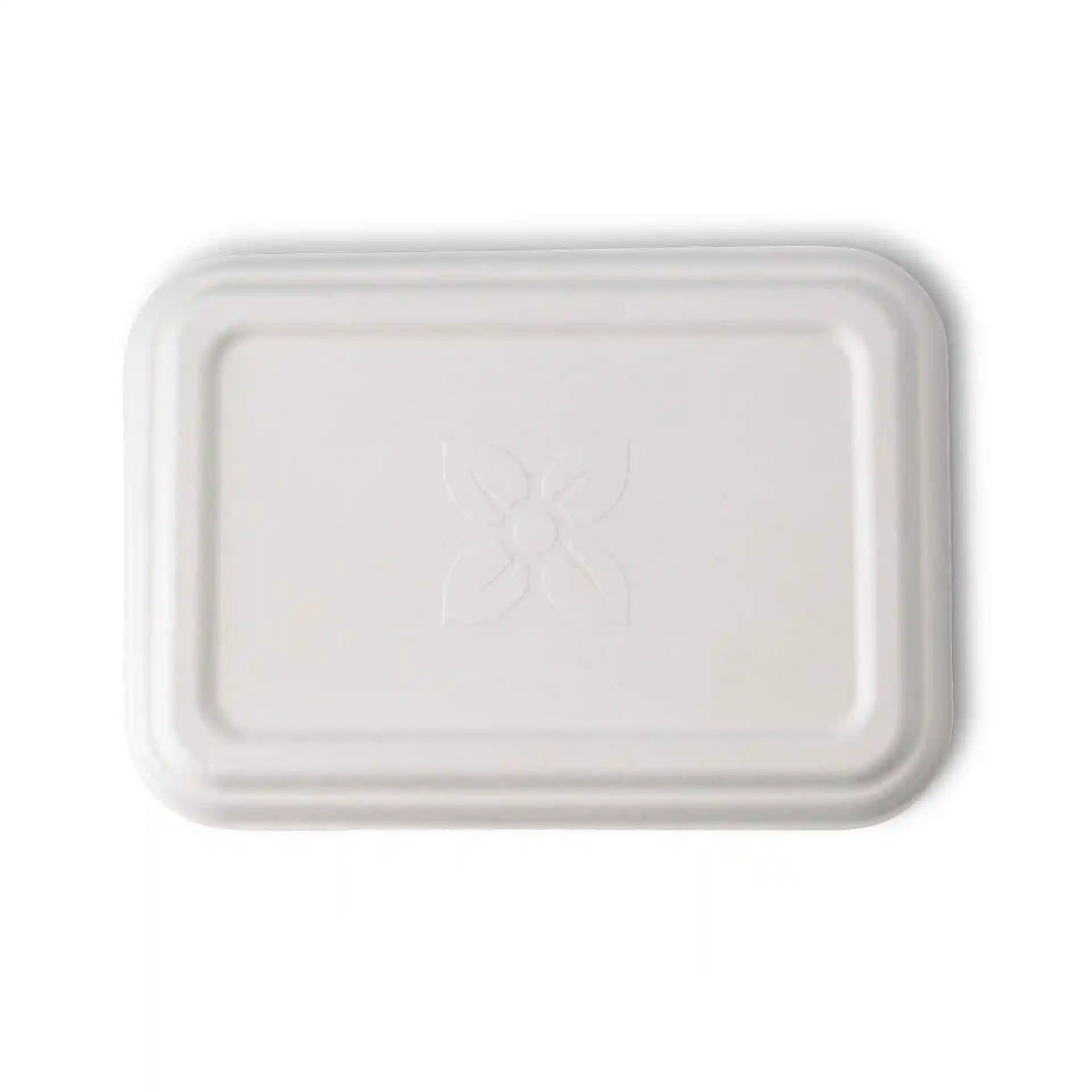 White rectangular sugarcane lid measuring 17 x 12 cm with a floral embossed design.