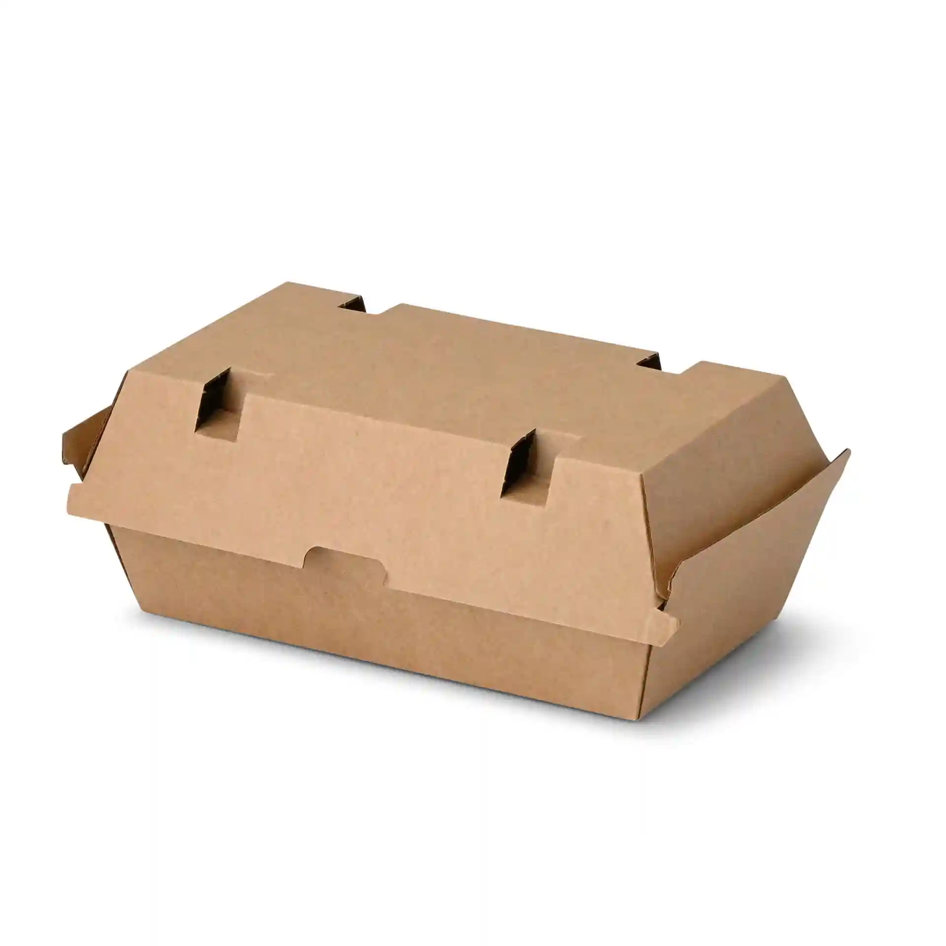 Brown rectangular food box with a hinged lid, made of cardboard, measuring 21.4 x 11.4 x 8.5 cm.