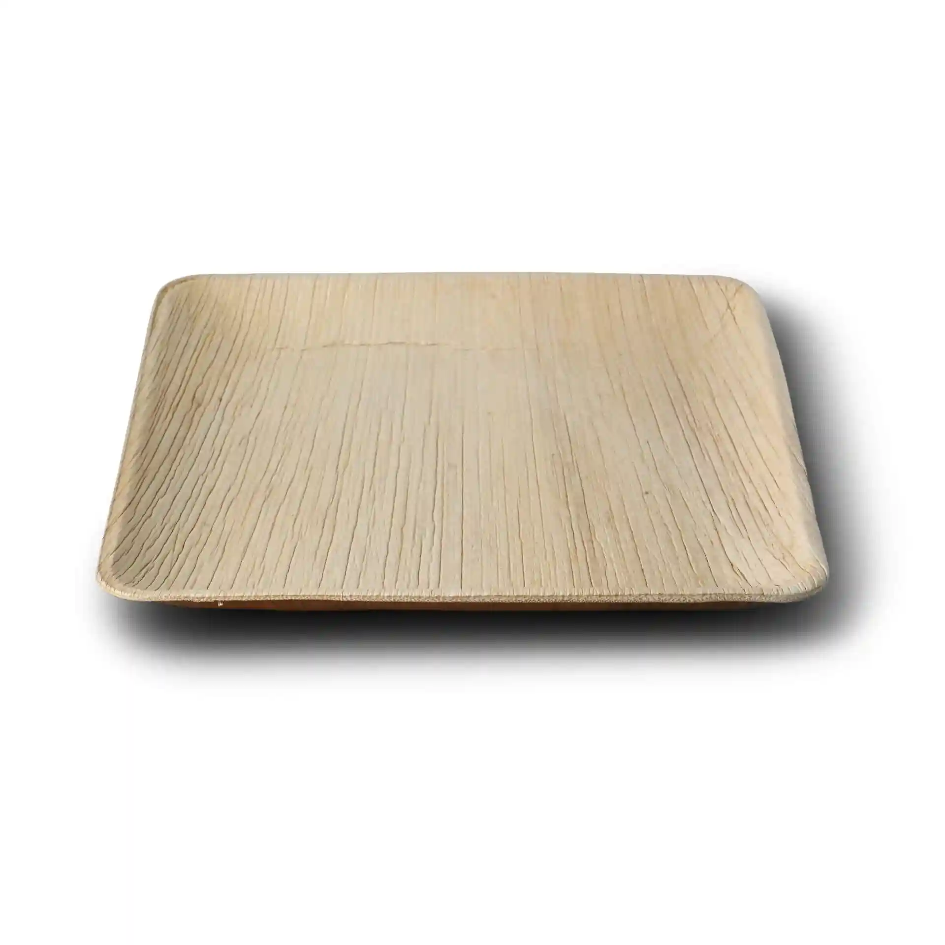 Square palm leaf plate with a grain texture, measuring 25 x 25 cm and 2.2 cm in height.