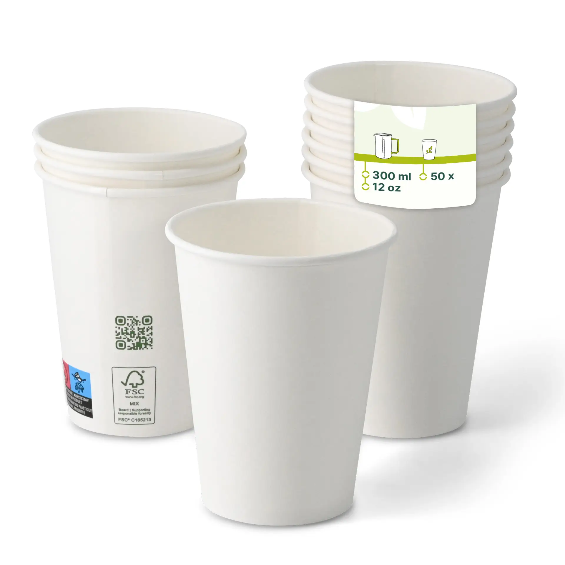 Weiße Becher gestapelt, einwandig, 300 ml Fassungsvermögen, mit umweltfreundlichen Symbolen an der Seite.