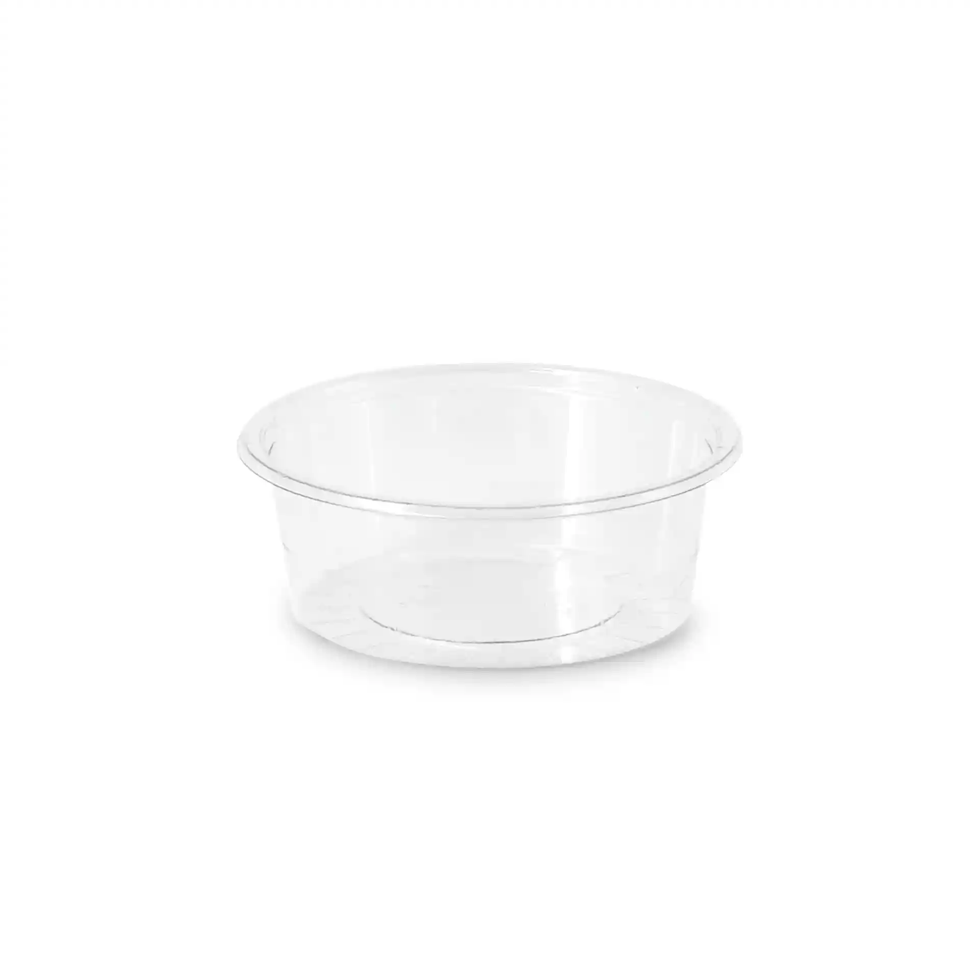 Klarer runder Dip-Topf mit einem Durchmesser von 75 mm und einer Höhe von 26 mm, aus rPET-Material gefertigt.
