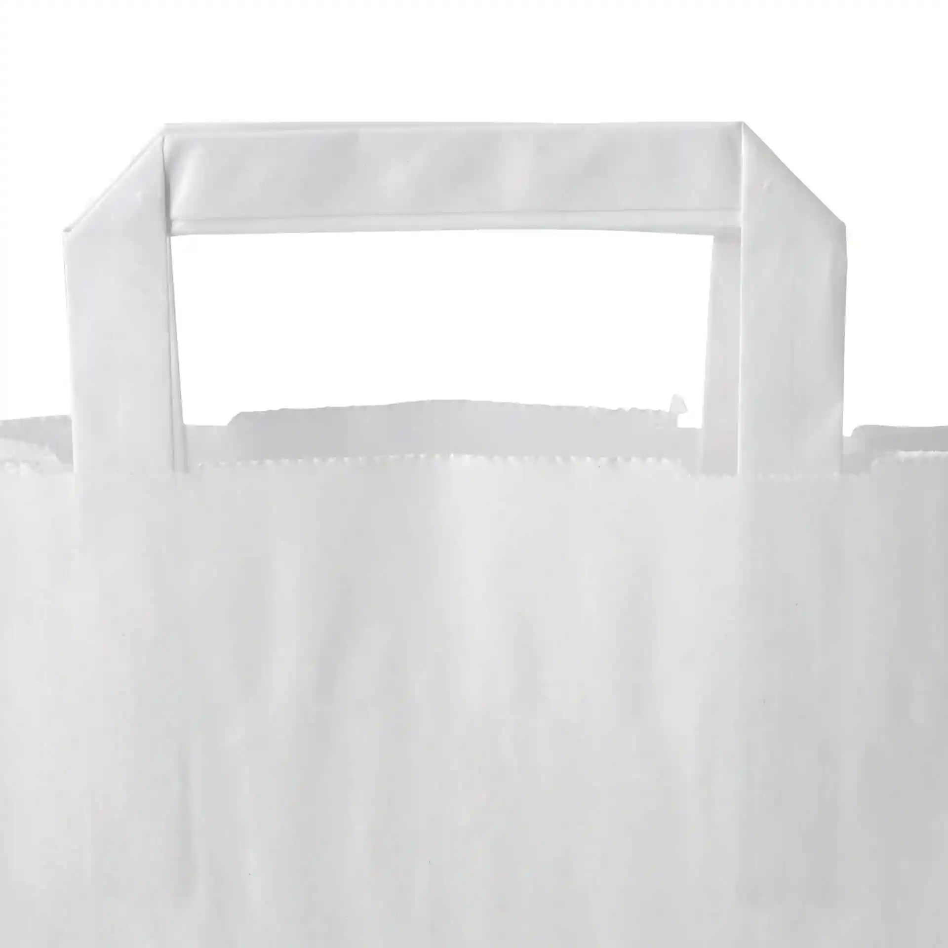 Weißer Kraftpapierbeutel mit rechteckigem Griff, Maße 18 x 8 x 22 cm.