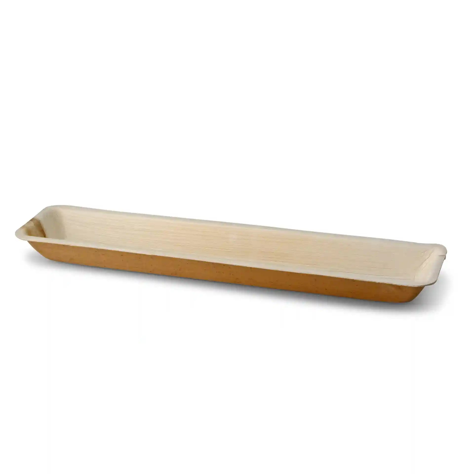 Rectangular palm leaf tray with a grain color, measuring 38 x 8.5 cm and 3 cm in height.
