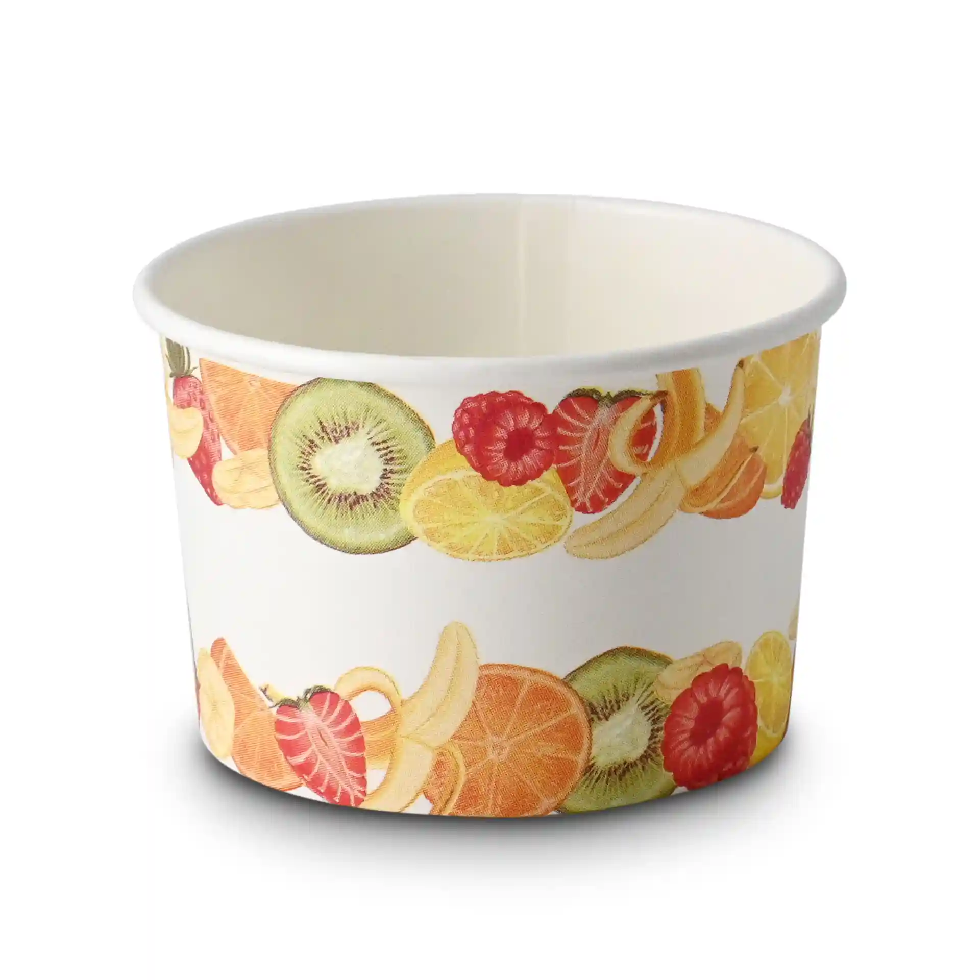 Papierbecher mit Fruchtmotiv, 8 oz Kapazität, 92 mm Durchmesser oben und 62 mm Höhe.