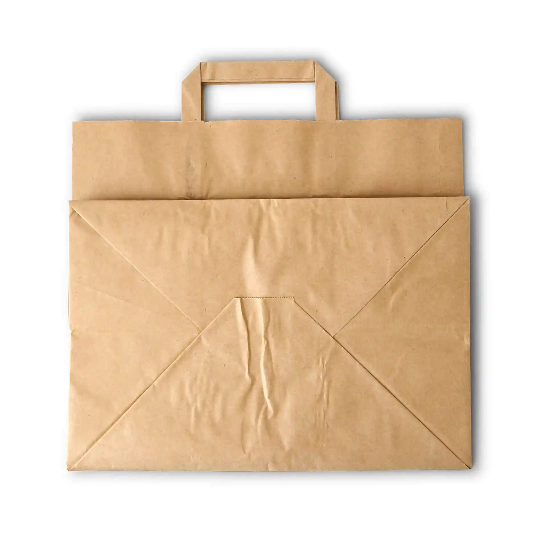 Braune Kraftpapier-Tragetasche mit Griff, gefaltet und ohne Beschichtung.