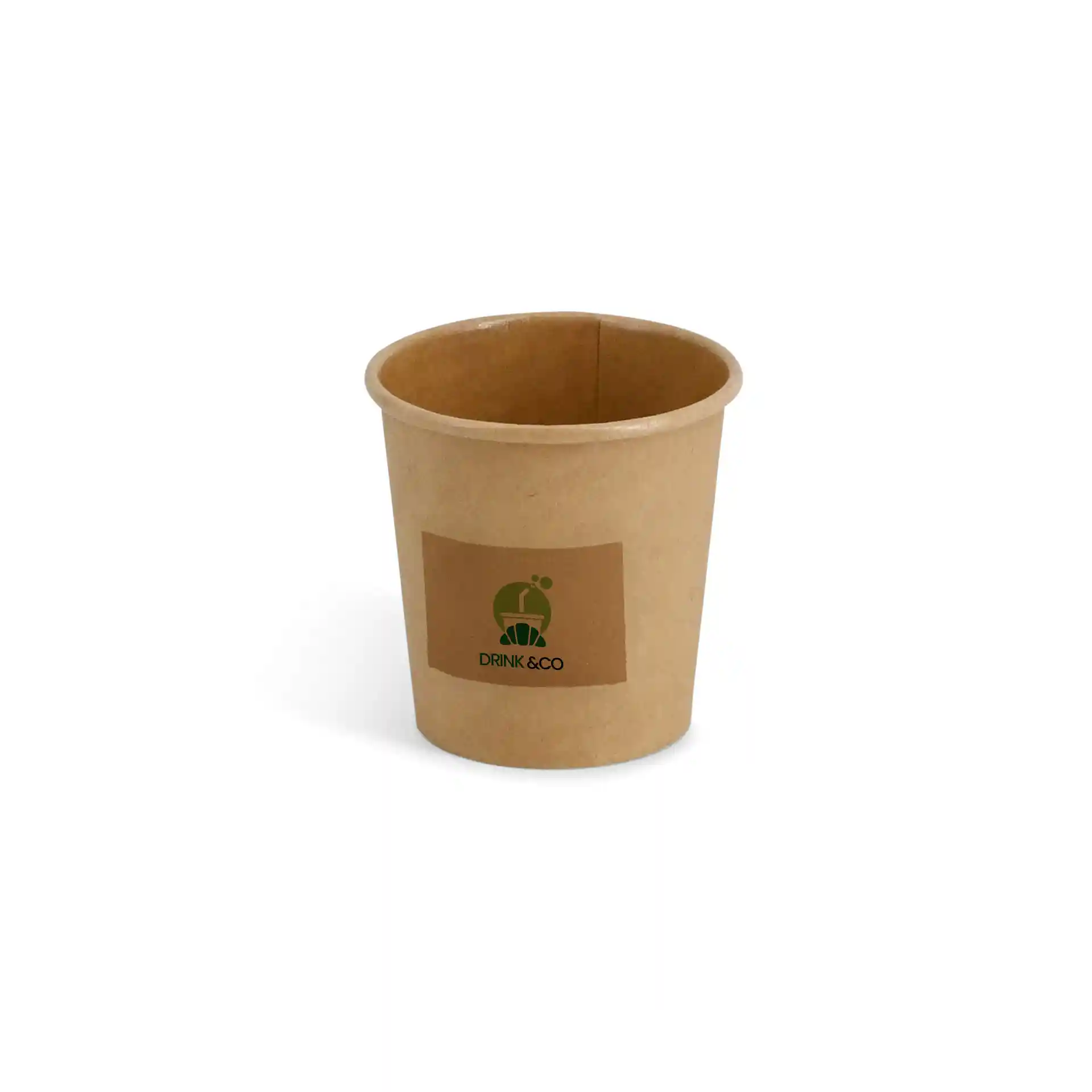 Brown kraft paper cup with a printed label featuring a logo, cylindrical shape, and open top.