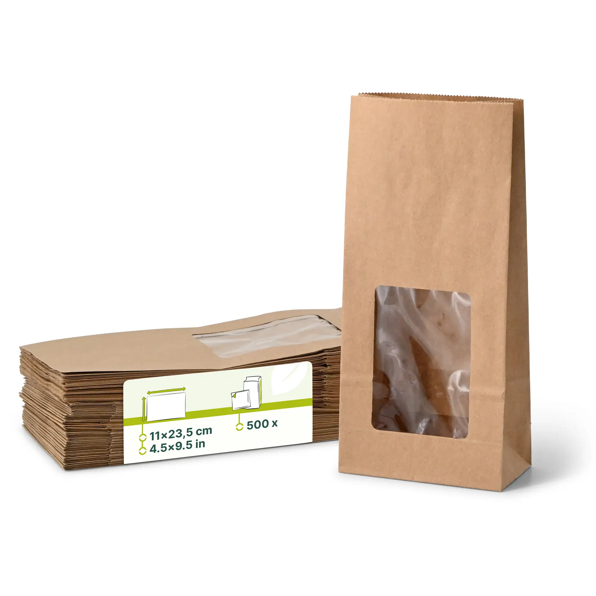 Blockbeutel m. PLA-Fenster M, 11 x 6 x 23,5 cm, braun, Kraftpapier Blockbeutel m. PLA-Fenster M, 11 x 6 x 23,5 cm, braun, Kraftpapier