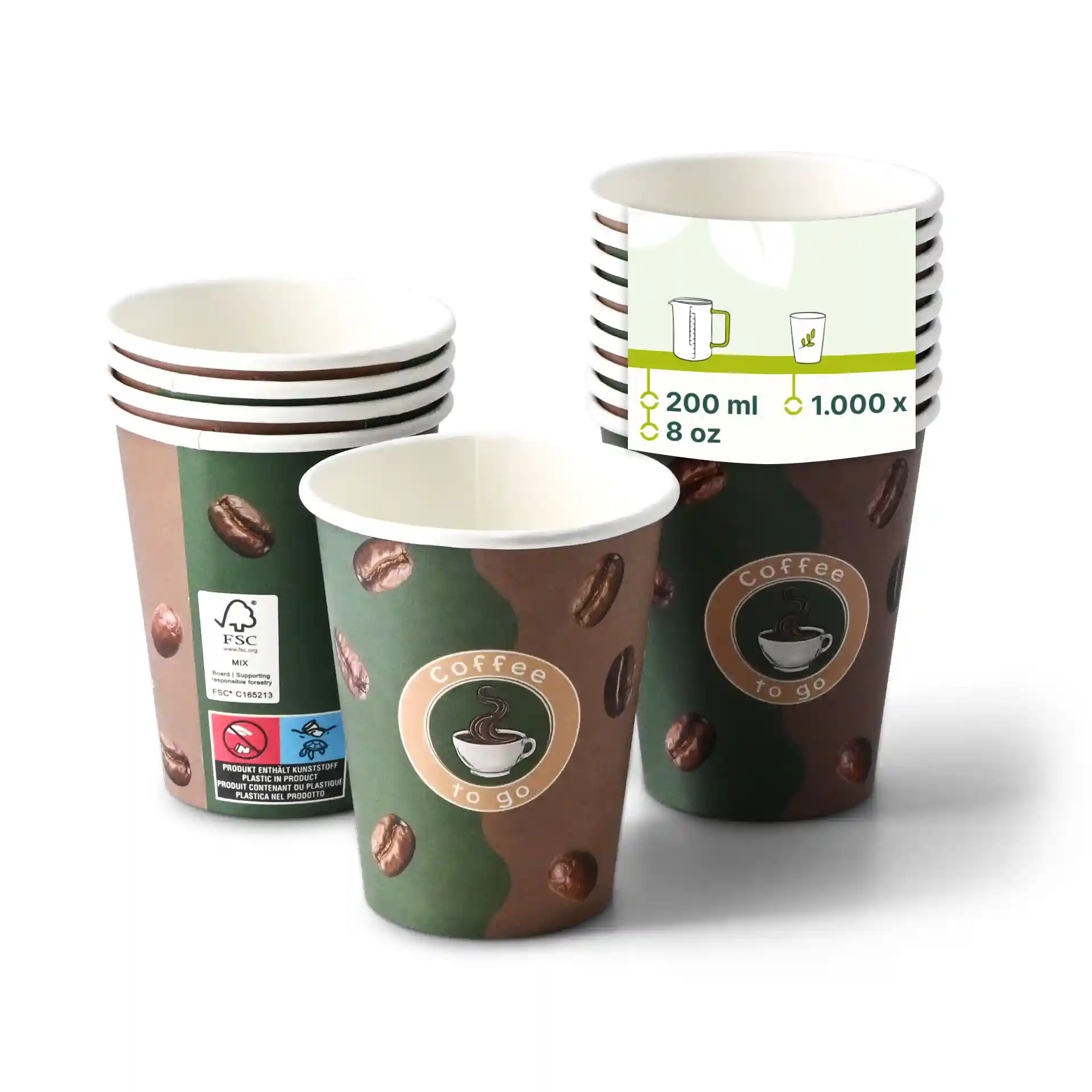 Runder Pappbecher mit gedrucktem Kaffeedesign, 8 oz Kapazität, gestapelt mit mehreren ähnlichen Bechern dahinter.