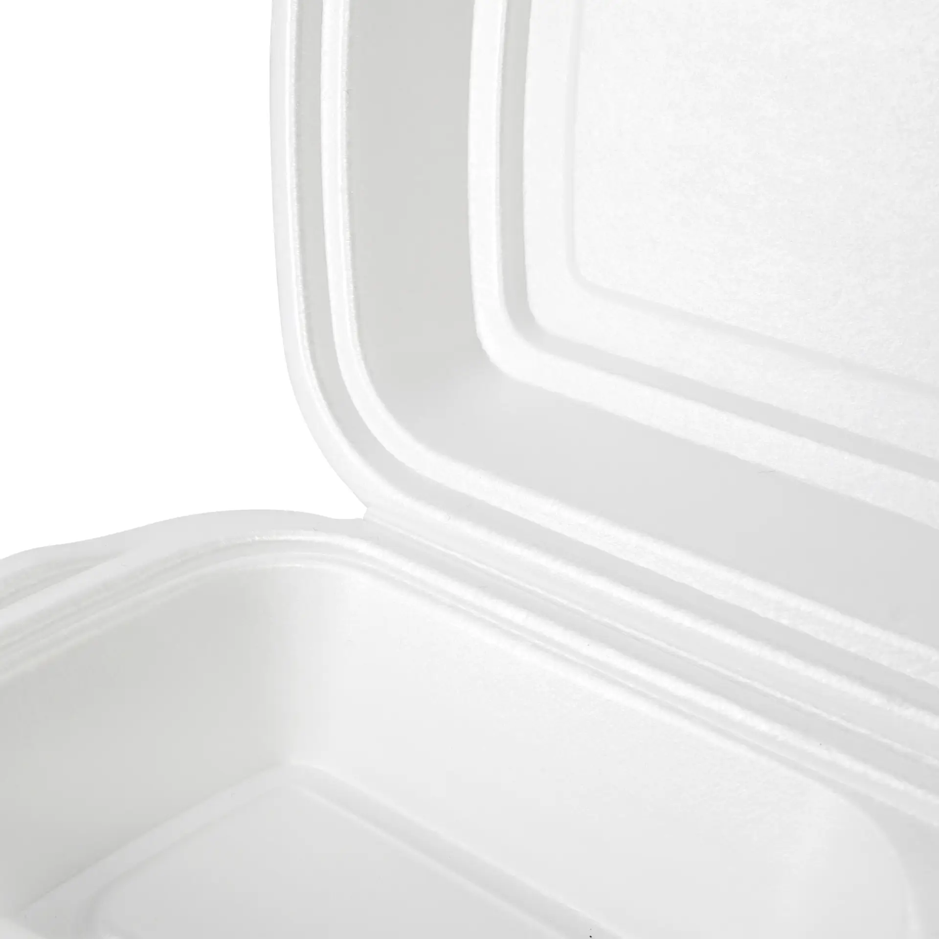 White foam takeout container with a hinged lid, showing an open view from the side.
