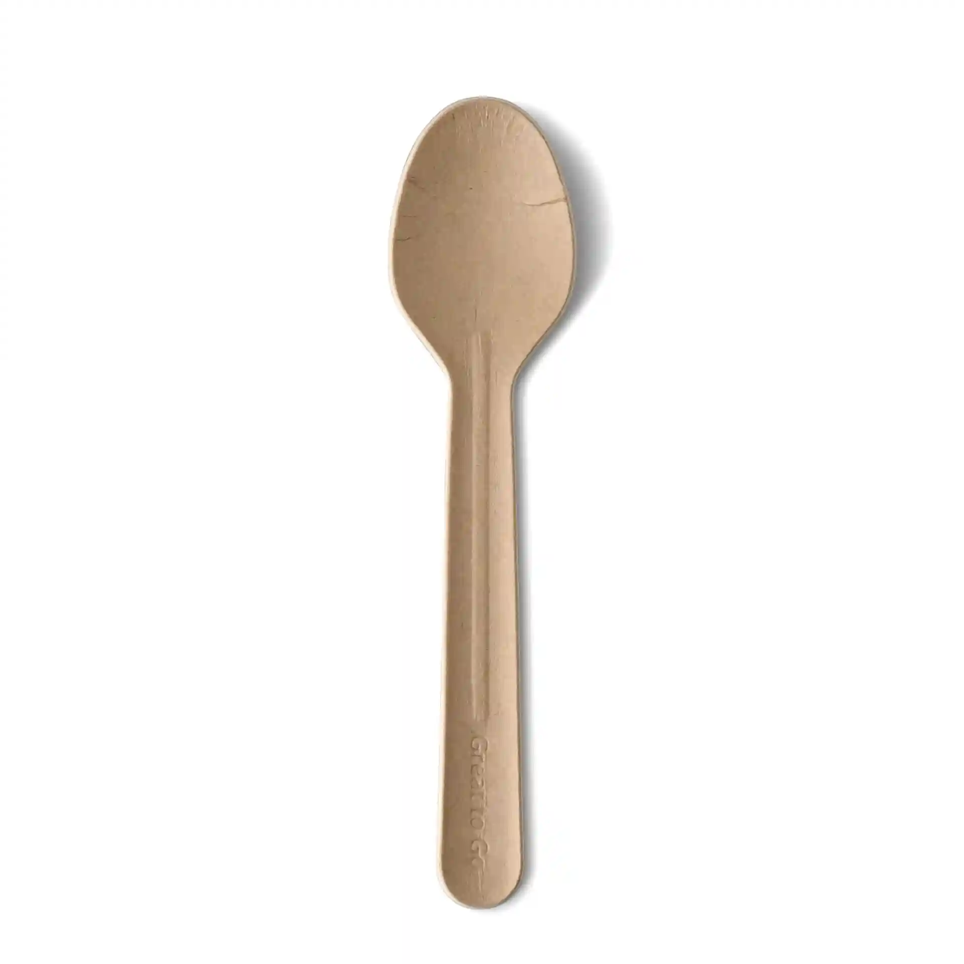 Brauner Papiertäfelchen-Löffel, 11,5 cm lang, mit glatter Oberfläche und rundem Löffelkopf.