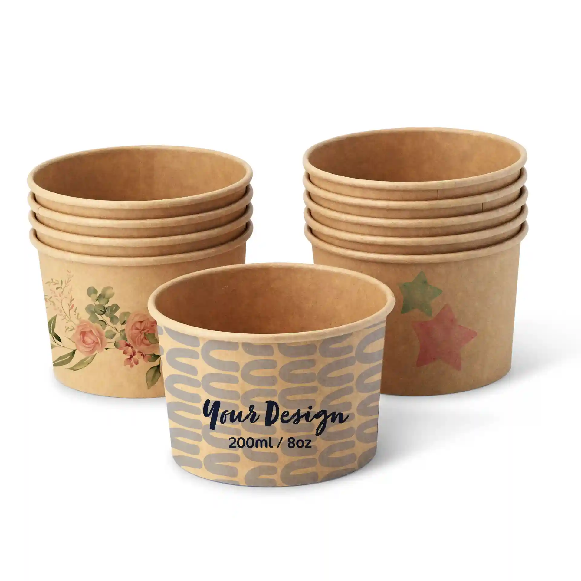 Round brown ice cream cups with floral and star designs, one cup displaying a custom design, 200 ml capacity.