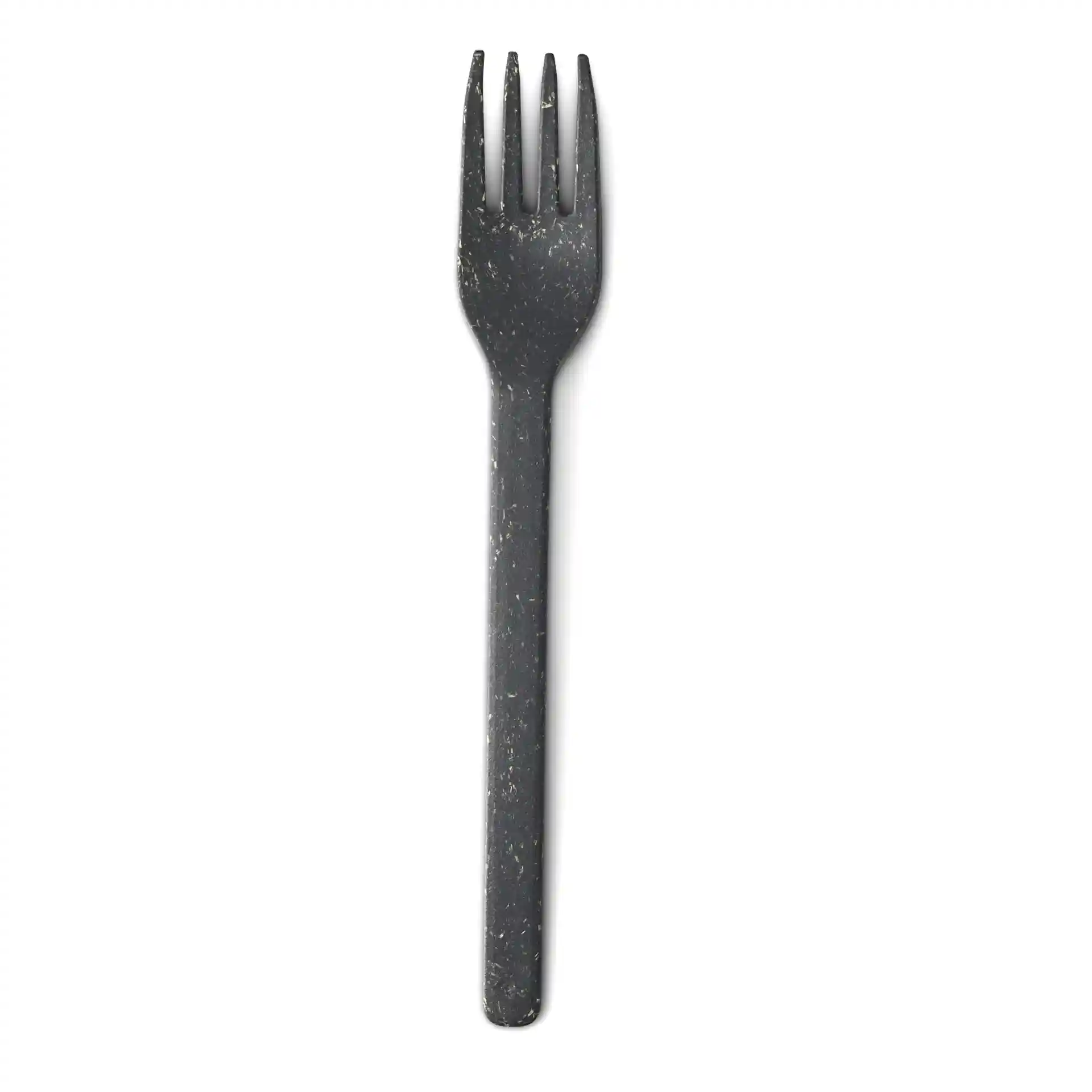 Schwarze wiederverwendbare Gabel aus Bio-Verbundmaterial, 18 cm lang, mit vier Zinken und glattem Griff.