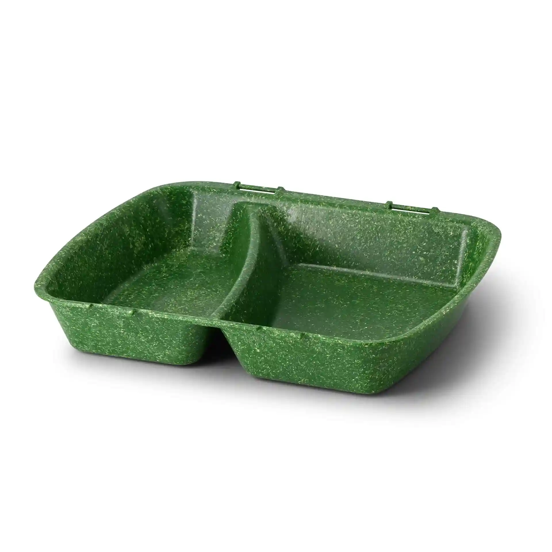 Deep green reusable meal container with two compartments, measuring 24.5 x 20 x 4.5 cm.