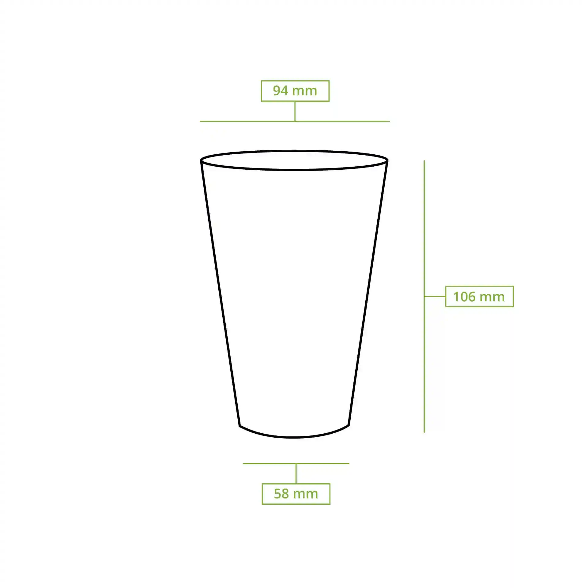 Schematische Zeichnung eines transparenten Bechers mit Abmessungen: Höhe 106 mm, oberer Durchmesser 95 mm, unterer Durchmesser 58 mm.