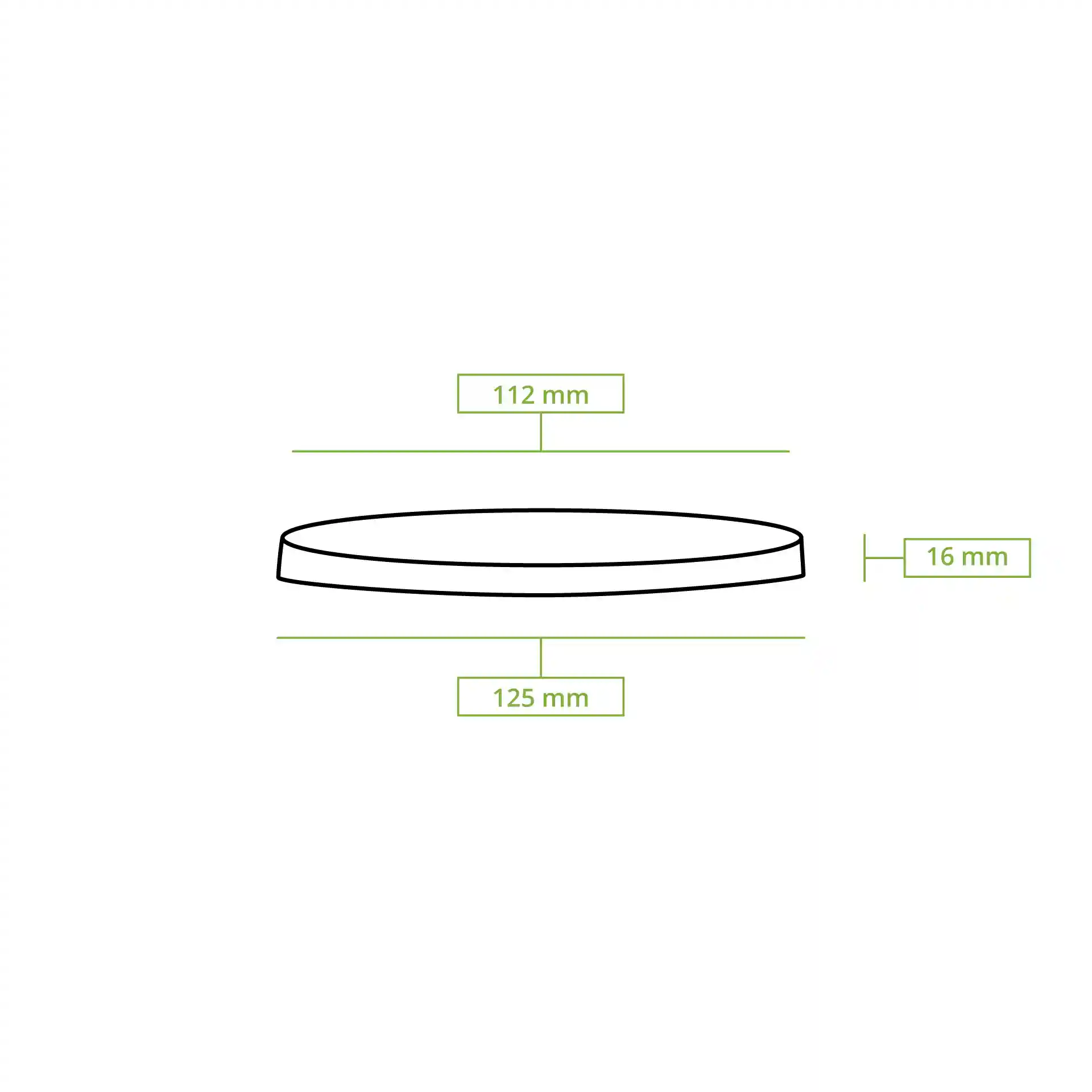 Schematische Zeichnung eines runden Deckels mit Abmessungen: oberer Durchmesser 112 mm, unterer Durchmesser 125 mm, Höhe 16 mm.