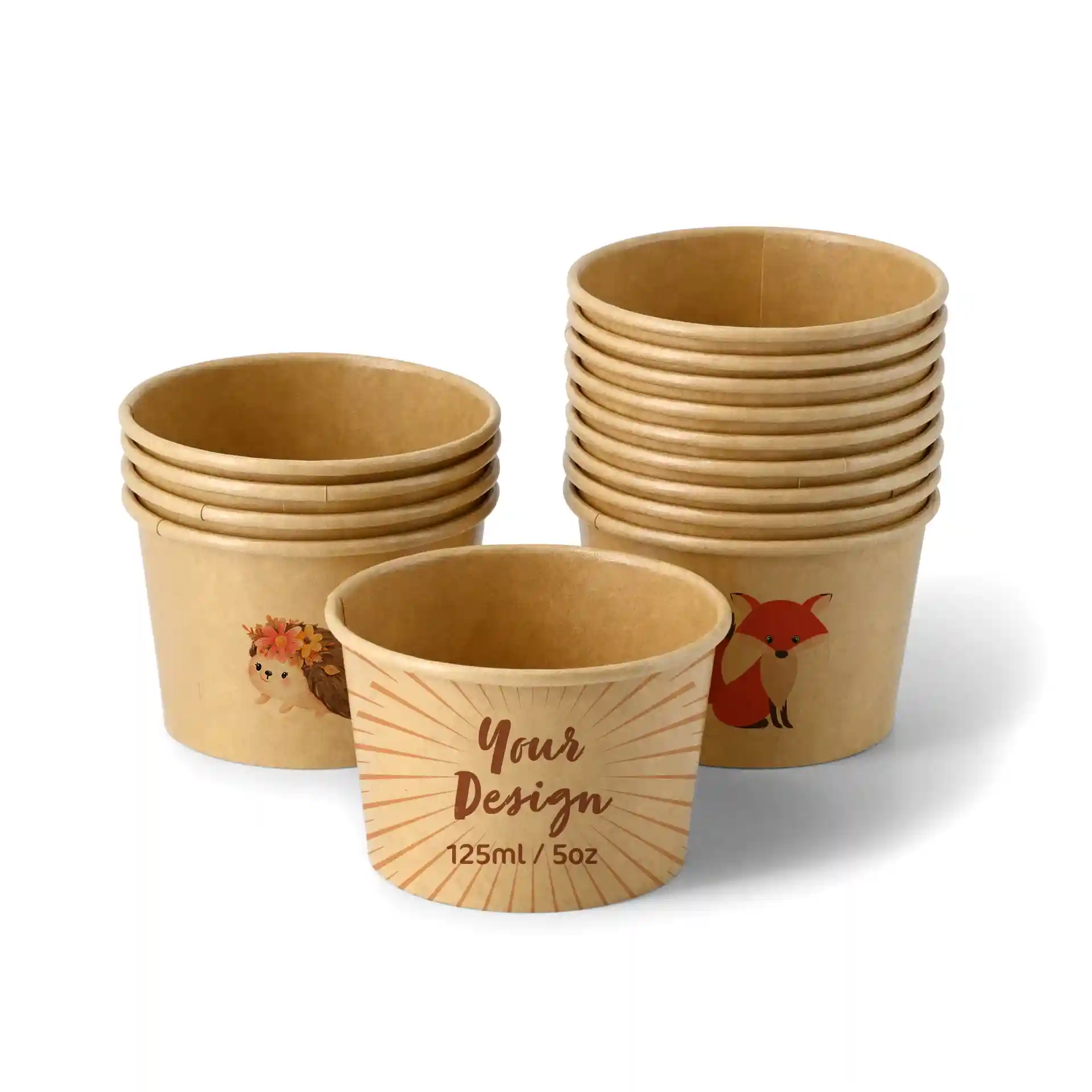 Runde braune Pappbecher mit einem Igel- und Fuchsdesign, mit einem Etikett "Dein Design" und einem Volumen von 125 ml.